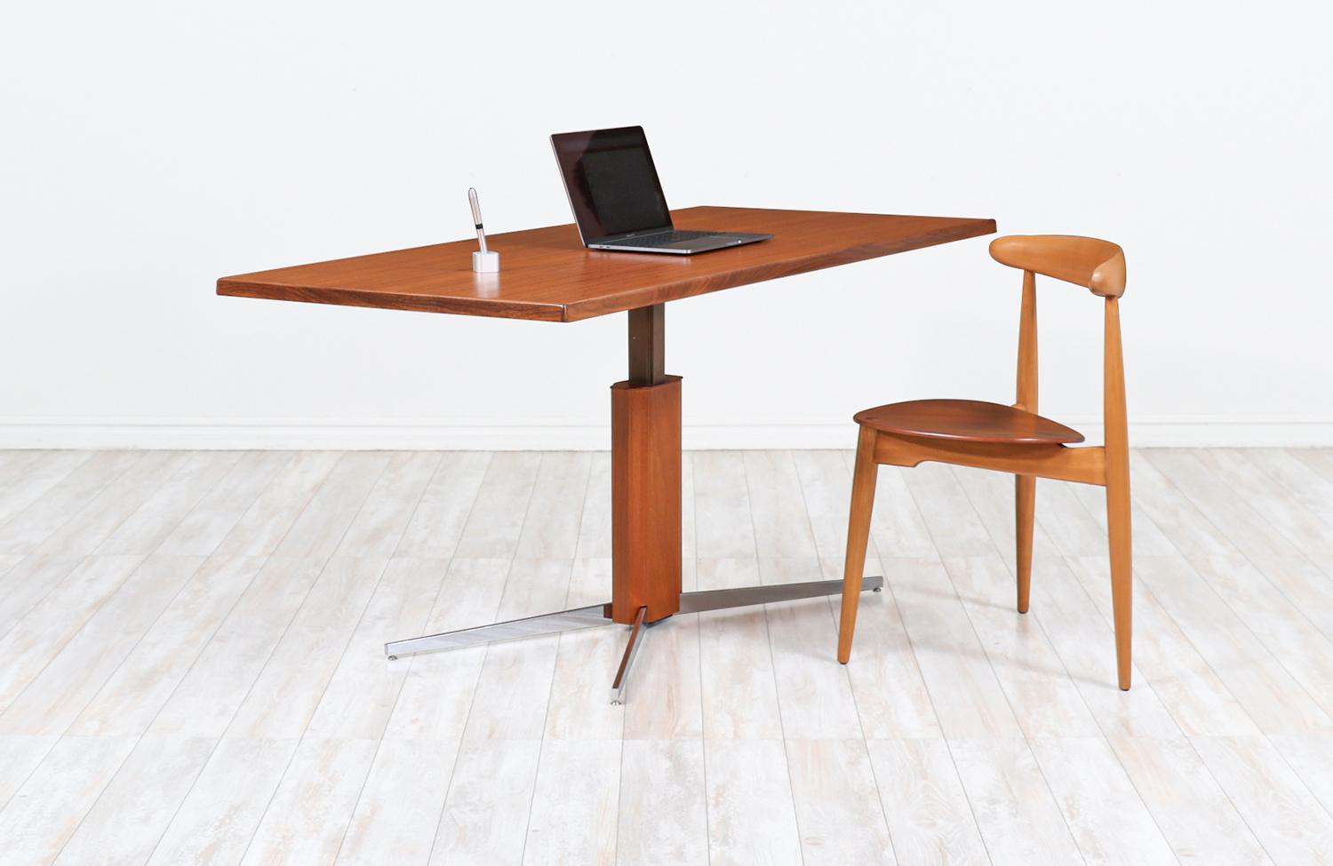 Expertly Restored - Danish Modern Teak and Steel Adjustable Table / Desk In Excellent Condition In Los Angeles, CA