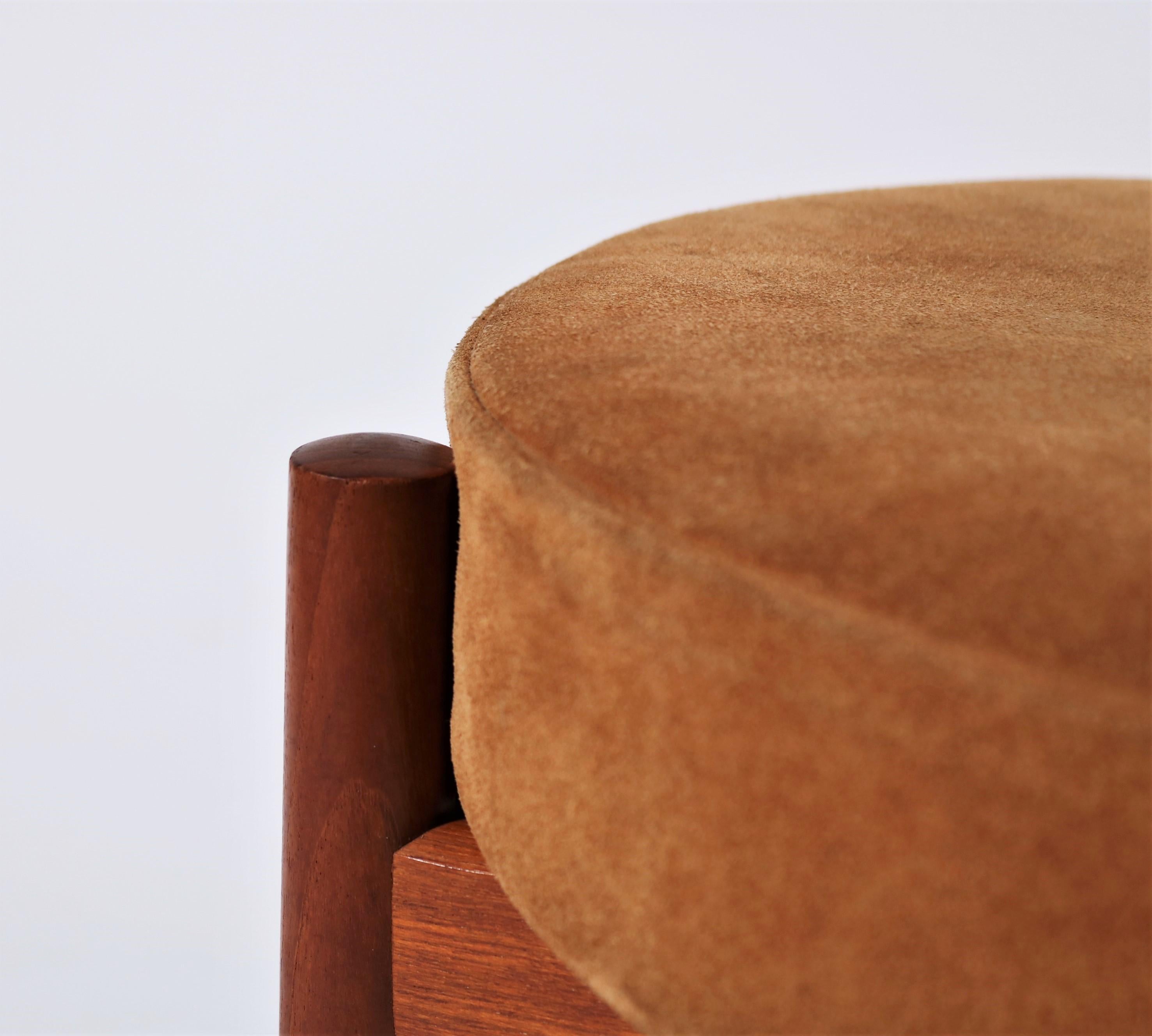 Danish Modern Teak and Suede Stool or Ottoman by Hugo Frandsen, 1965 In Good Condition In Odense, DK