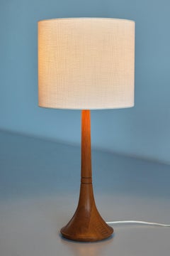 Tranås Stilarmatur Teak Table Lamp, Trumpet Base and Linen Shade, Sweden, 1960s