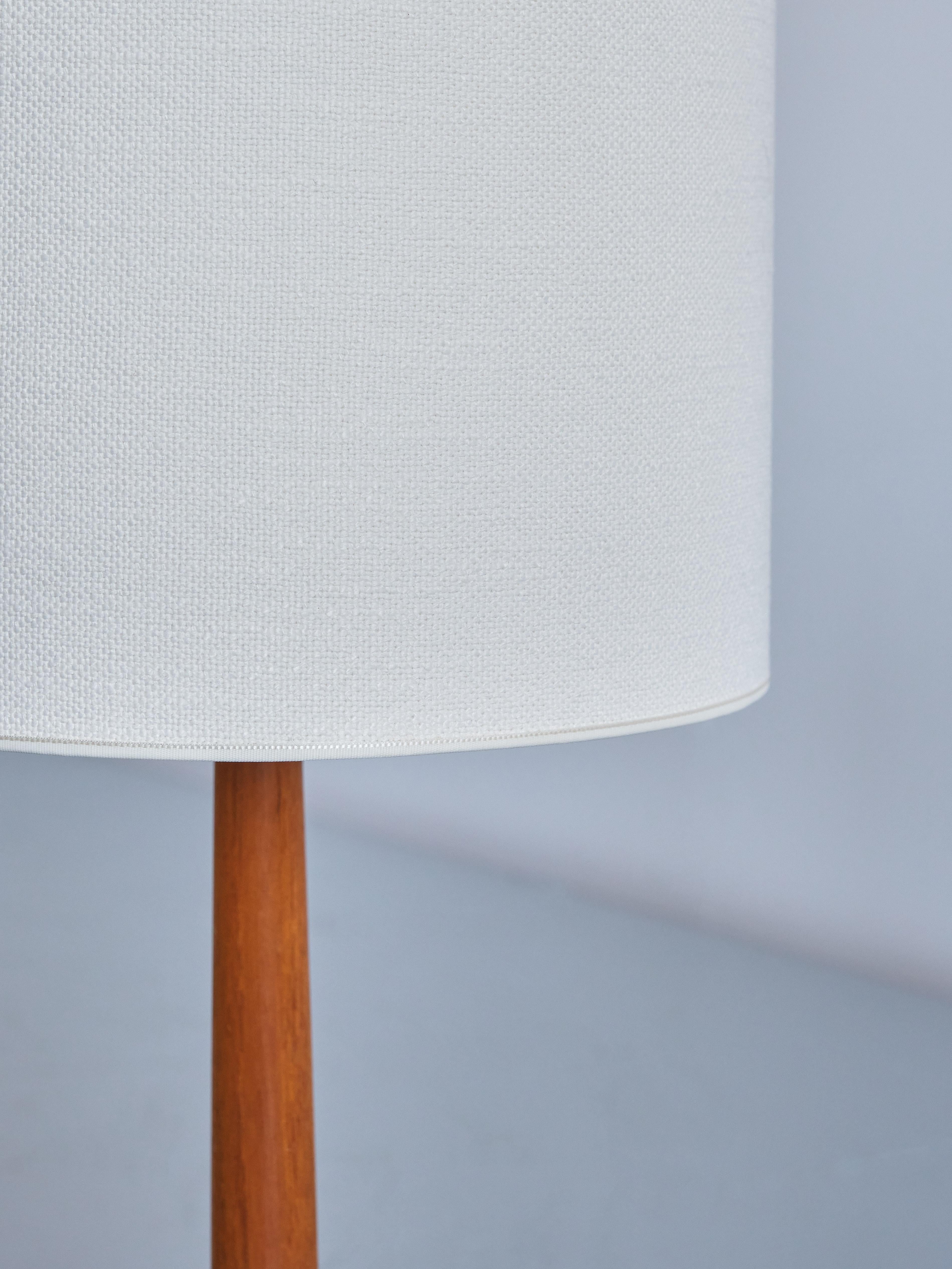 Swedish Tranås Stilarmatur Teak Table Lamp, Trumpet Base and Linen Shade, Sweden, 1960s
