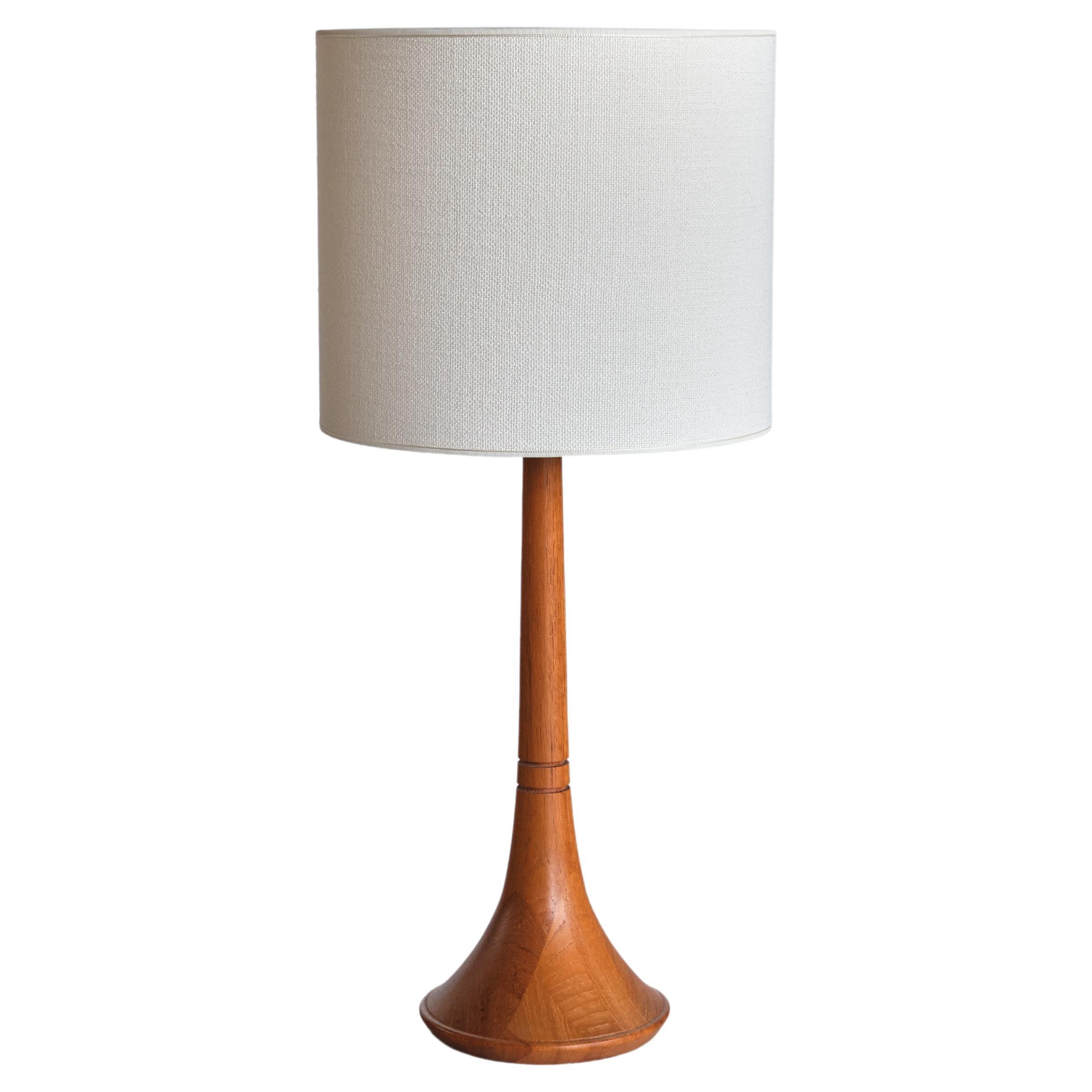 Tranås Stilarmatur Teak Table Lamp, Trumpet Base and Linen Shade, Sweden, 1960s