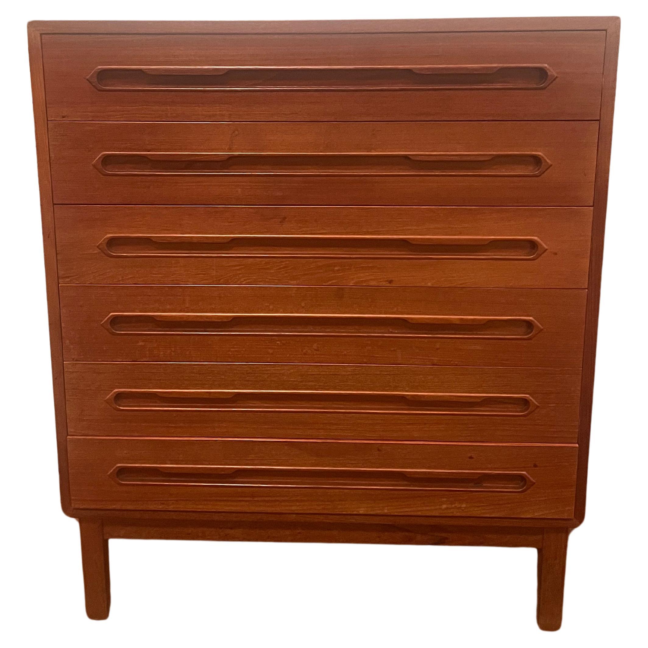 Danish Modern Teak Tall Dresser Chest of Six Drawers For Sale