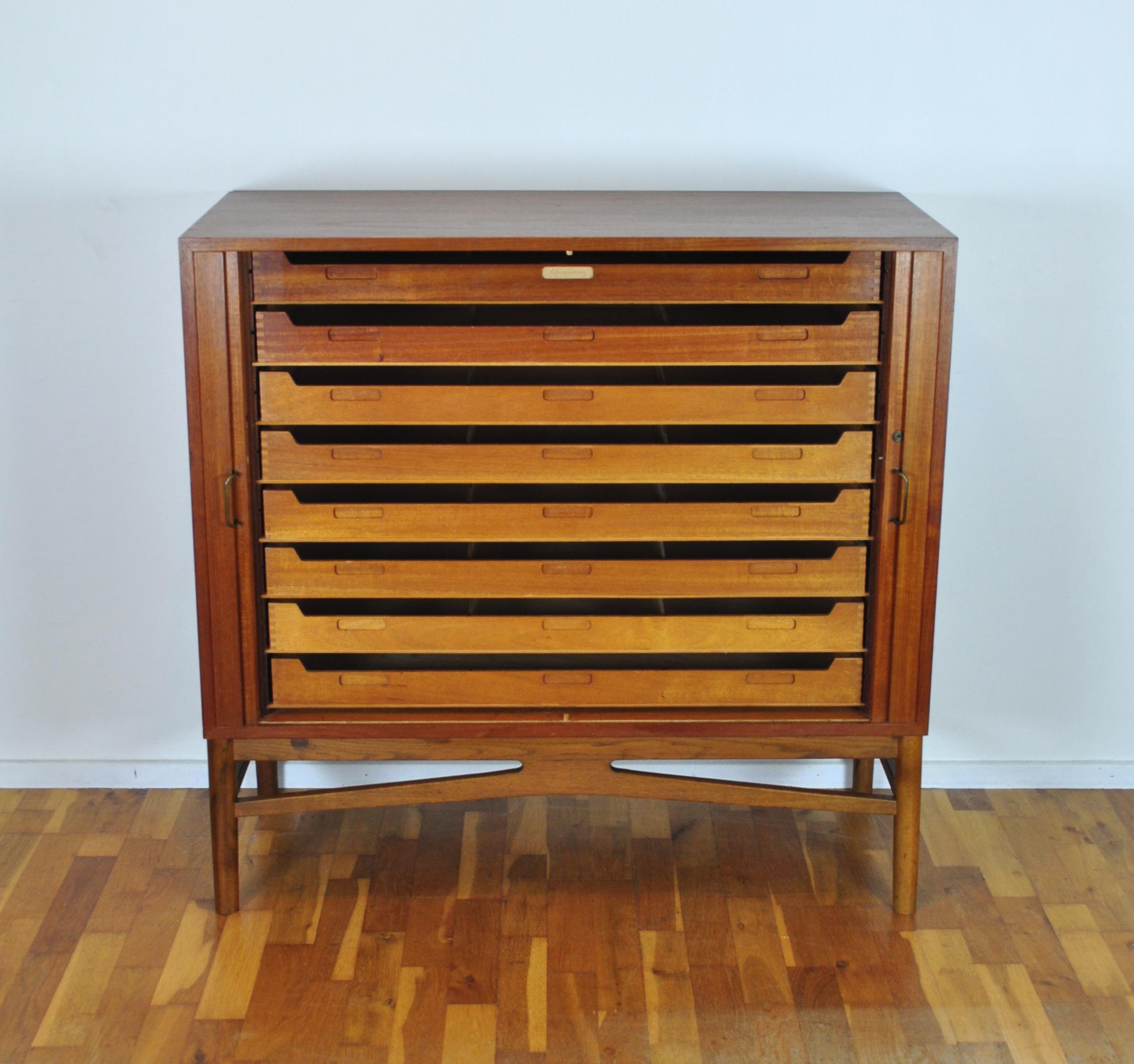 Brass Danish Modern Teak Tambour File Cabinet, 1960s