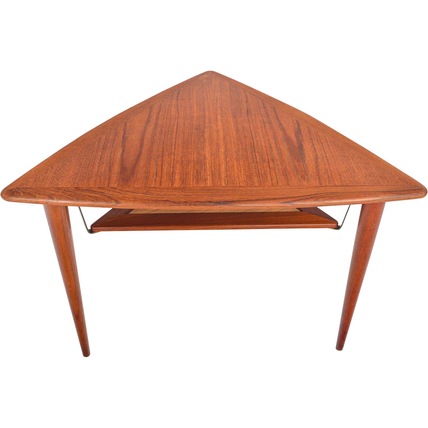 Danish Modern Teak Triangle Side Table with Rack