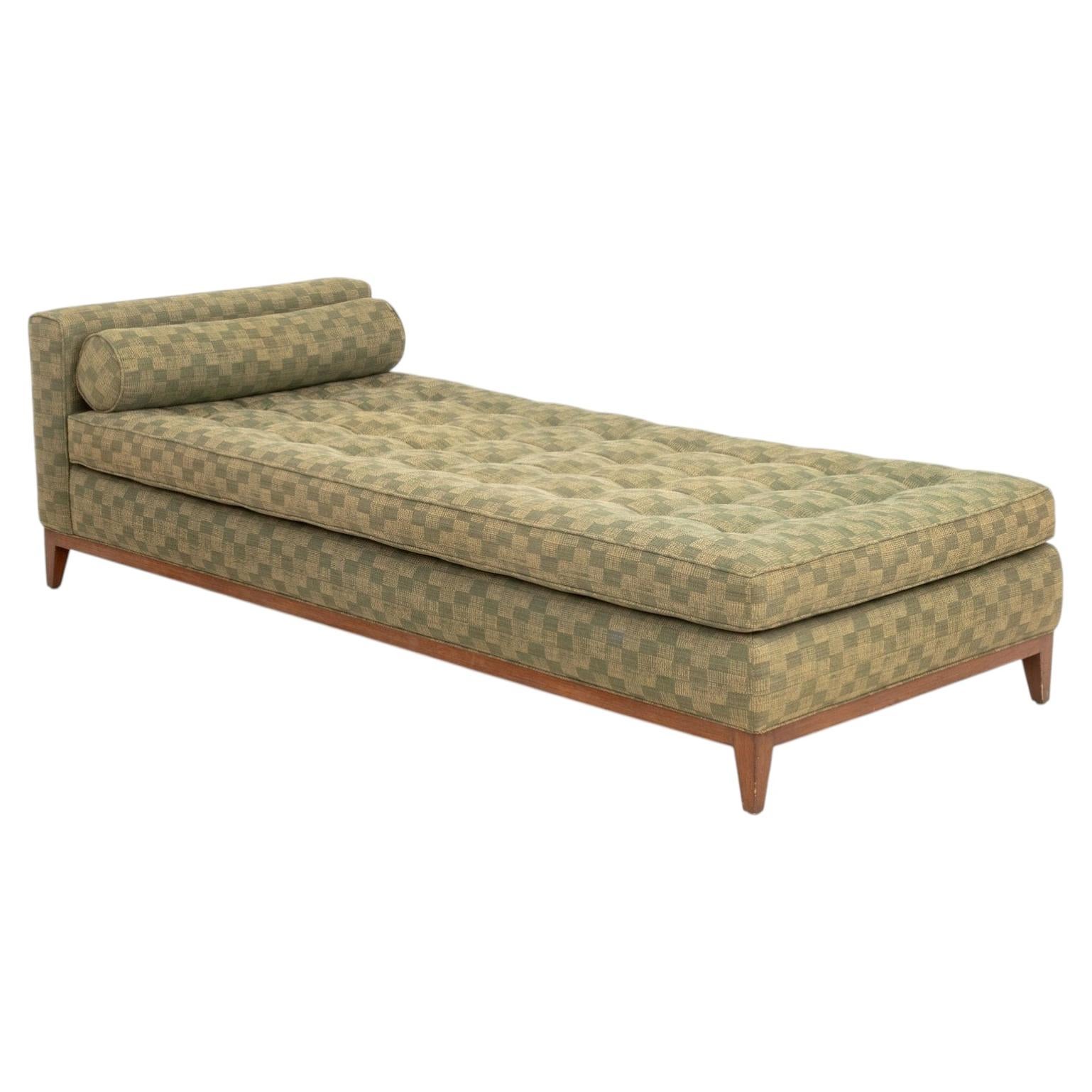 Danish Modern Teak Upholstered Daybed, Green Checkered Button Tufted Upholstery For Sale