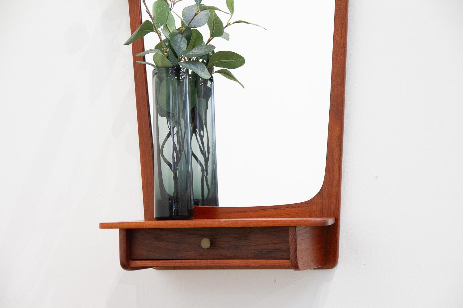 Danish Modern Teak Wall Mirror with Drawer, 1960s. For Sale 7