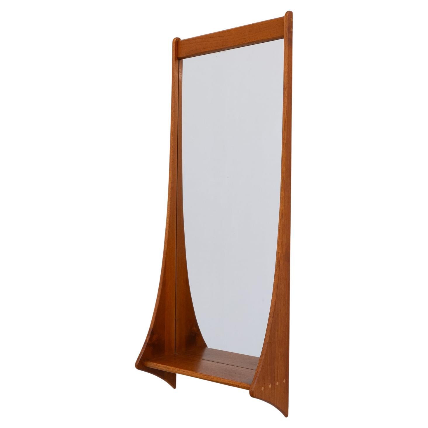 Danish Modern Teak Wall Mirror with Shelf by Jansen Spejle, 1960s. For Sale