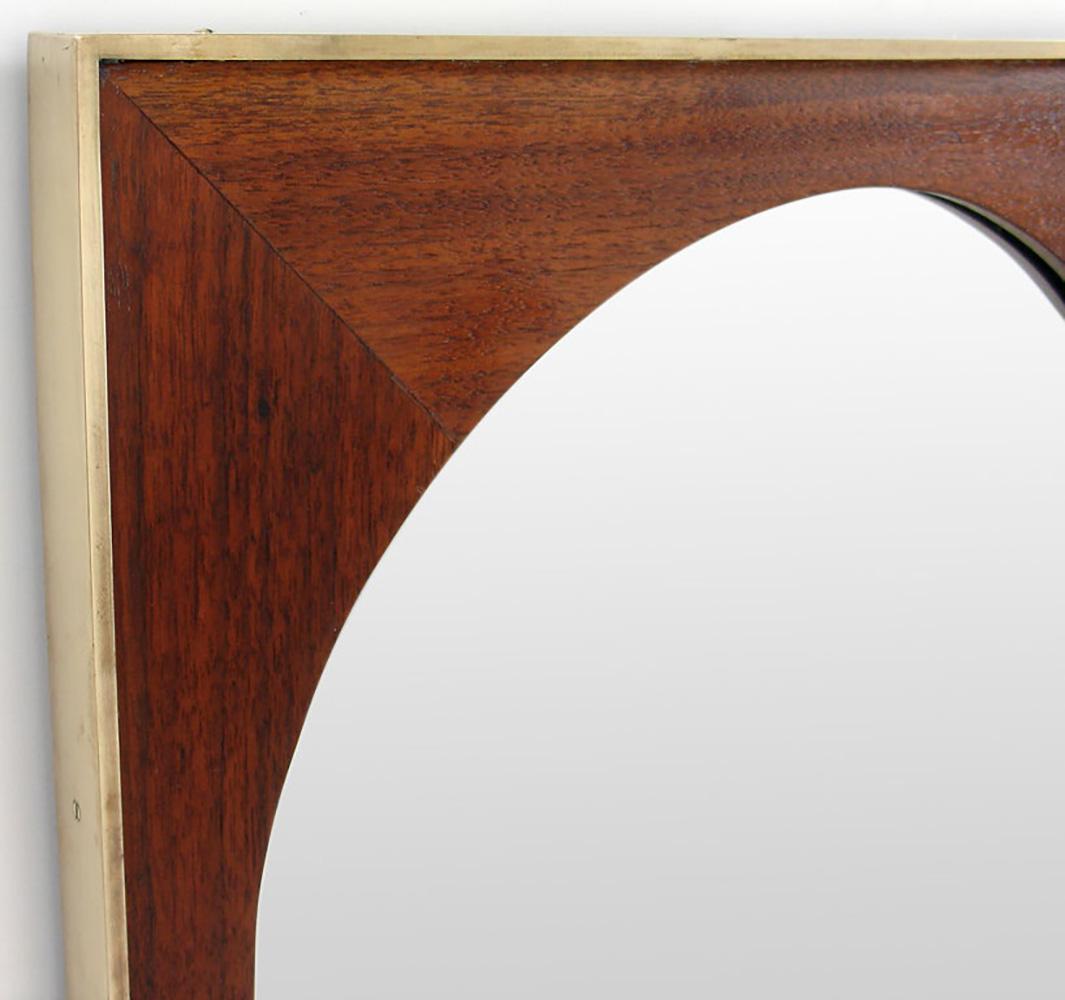 Danish Modern Teak Wall Mounted Console Table and Arched Mirror with Brass Trim For Sale 4