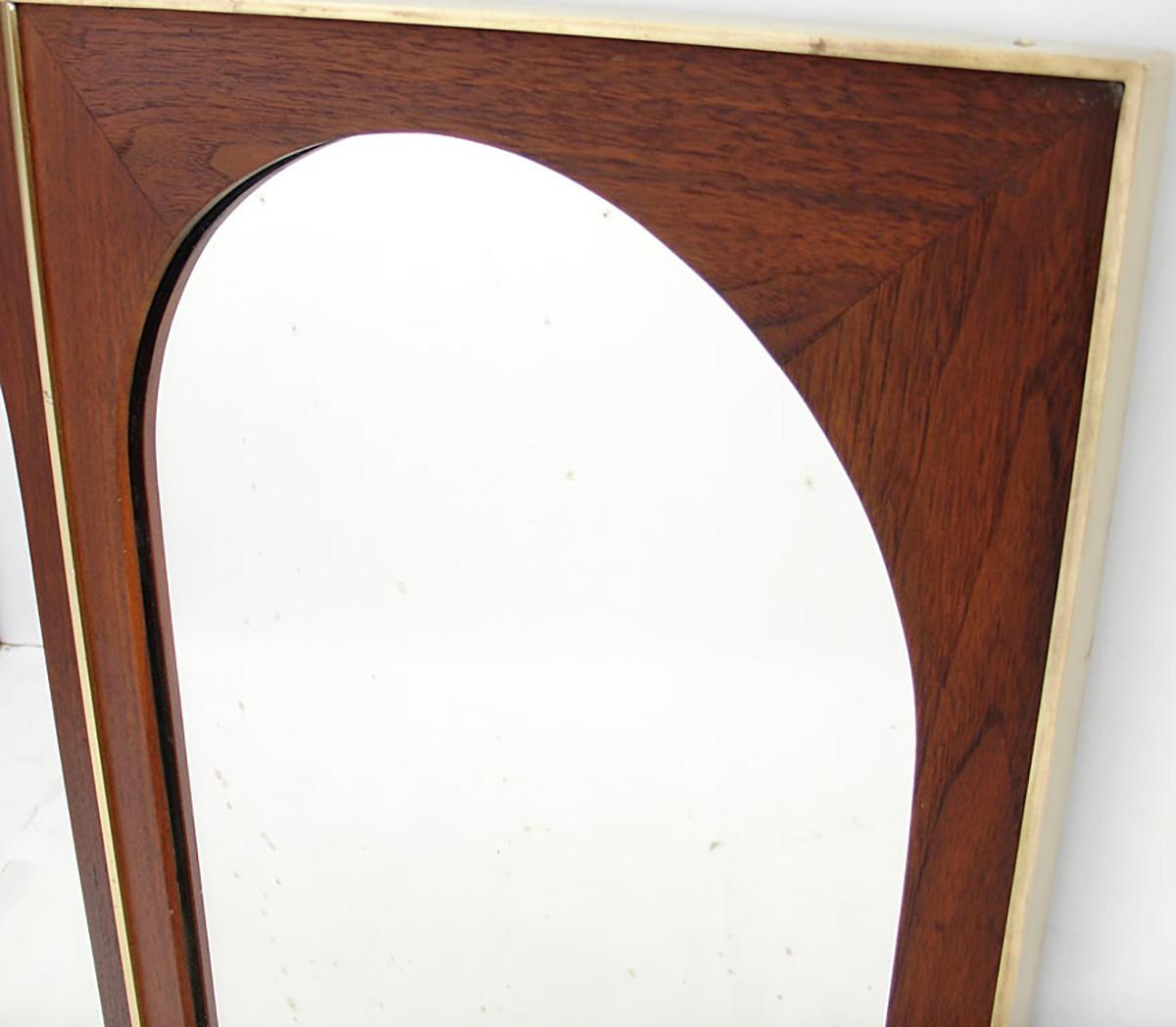 Danish Modern Teak Wall Mounted Console Table and Arched Mirror with Brass Trim For Sale 5