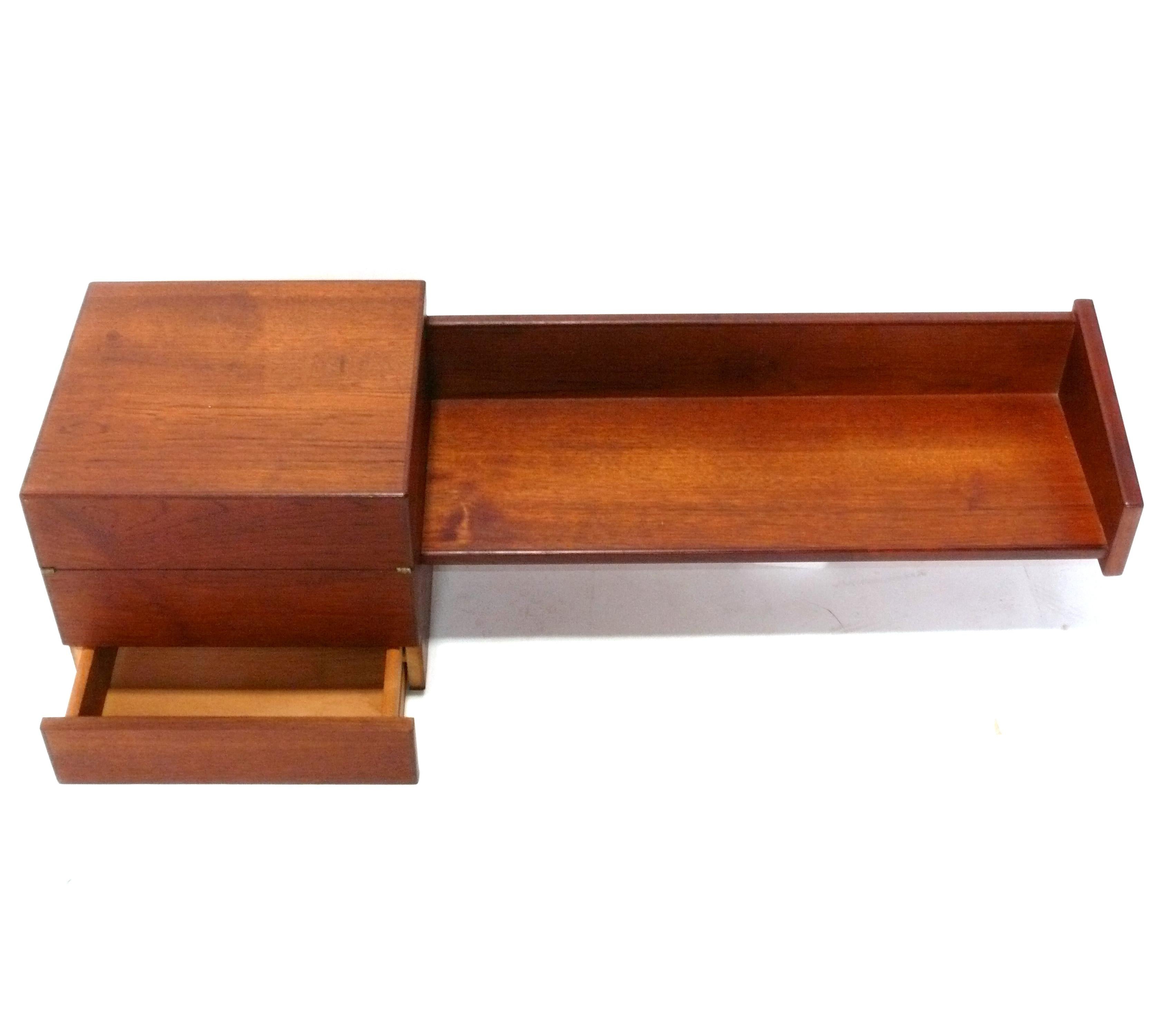 Mid-20th Century Danish Modern Teak Wall Mounted Console Table and Arched Mirror with Brass Trim For Sale