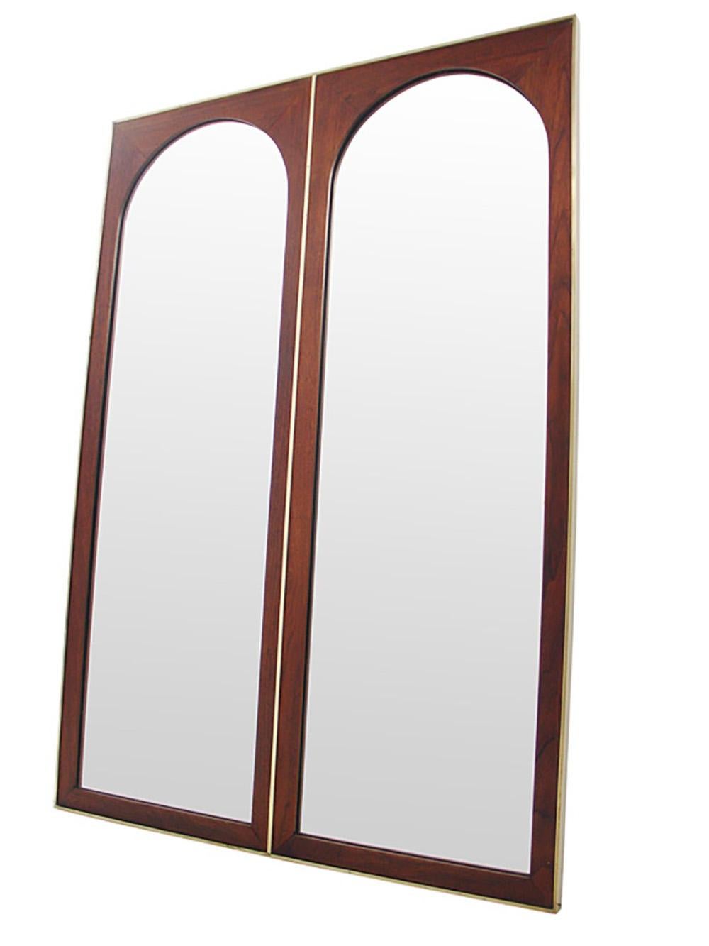 Danish Modern Teak Wall Mounted Console Table and Arched Mirror with Brass Trim For Sale 1