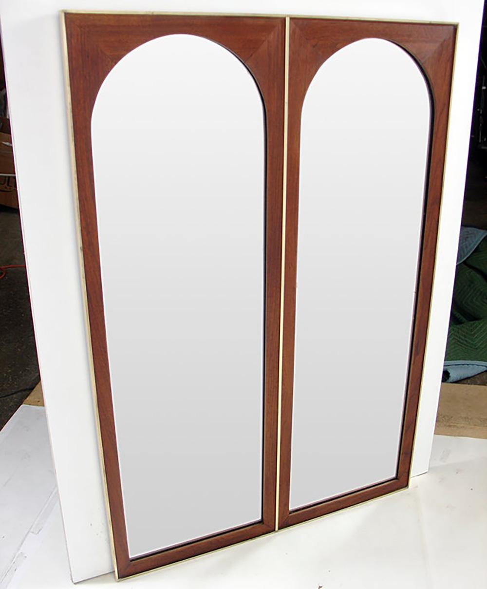 Danish Modern Teak Wall Mounted Console Table and Arched Mirror with Brass Trim For Sale 3