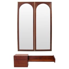 Danish Modern Teak Wall Mounted Console Table and Arched Mirror with Brass Trim