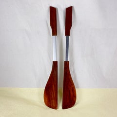 Par de Servidores de Ensalada Modernos Daneses de Madera de Teca y Acero Inoxidable con Bandas