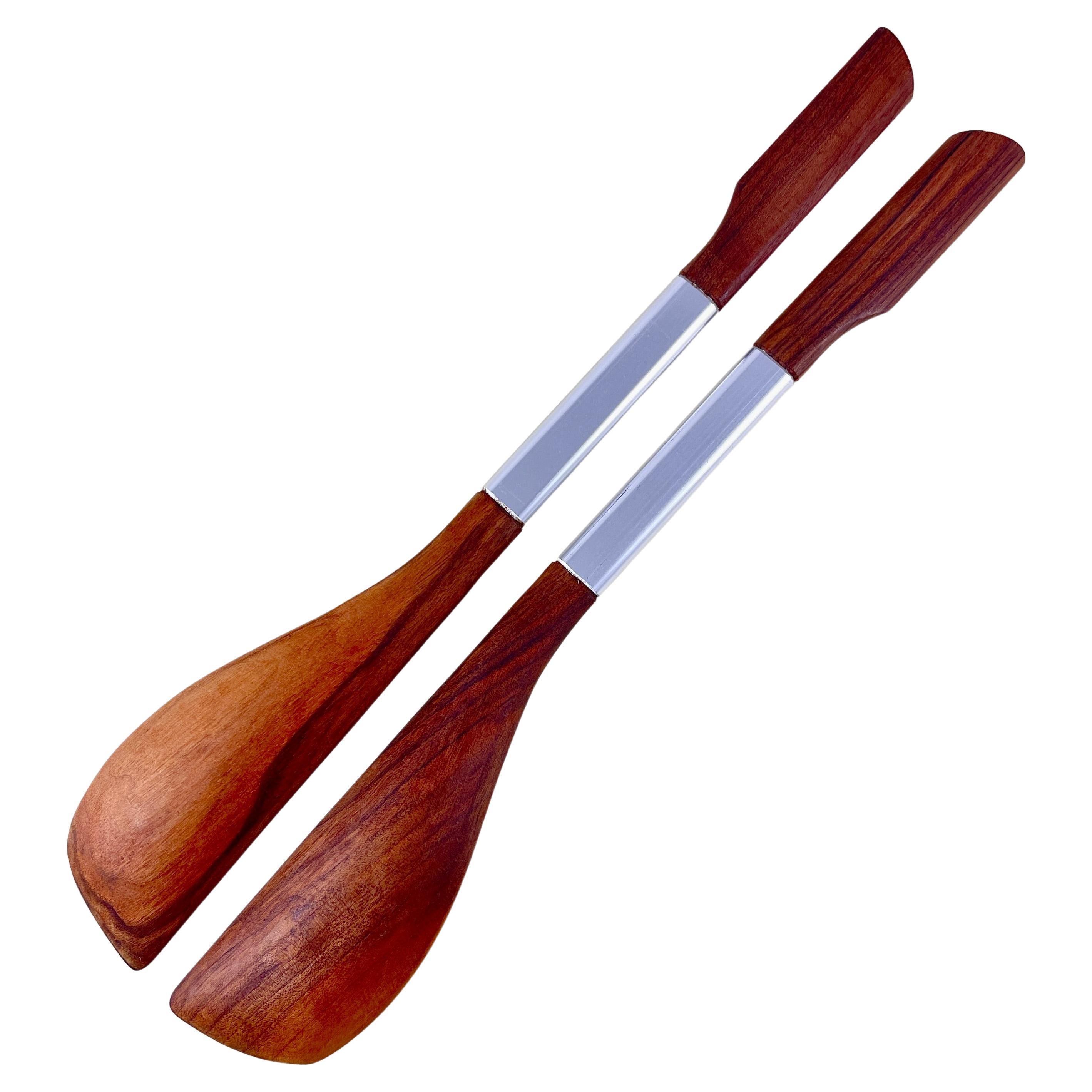 Hand-Crafted Danish Modern Teak Wood & Stainless Steel Banded Salad Servers, a Pair For Sale