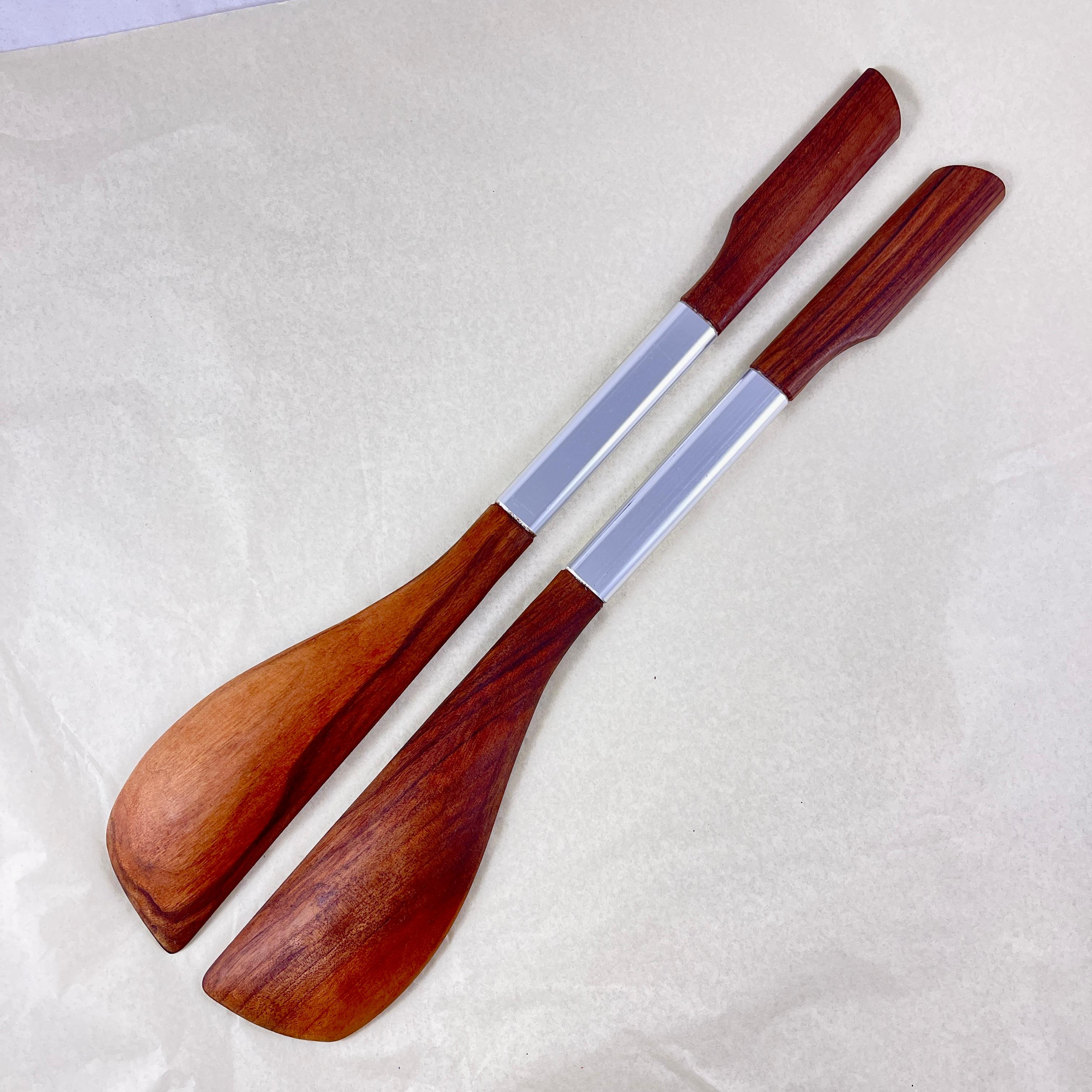 Danish Modern Teak Wood & Stainless Steel Banded Salad Servers, a Pair In Good Condition For Sale In Philadelphia, PA