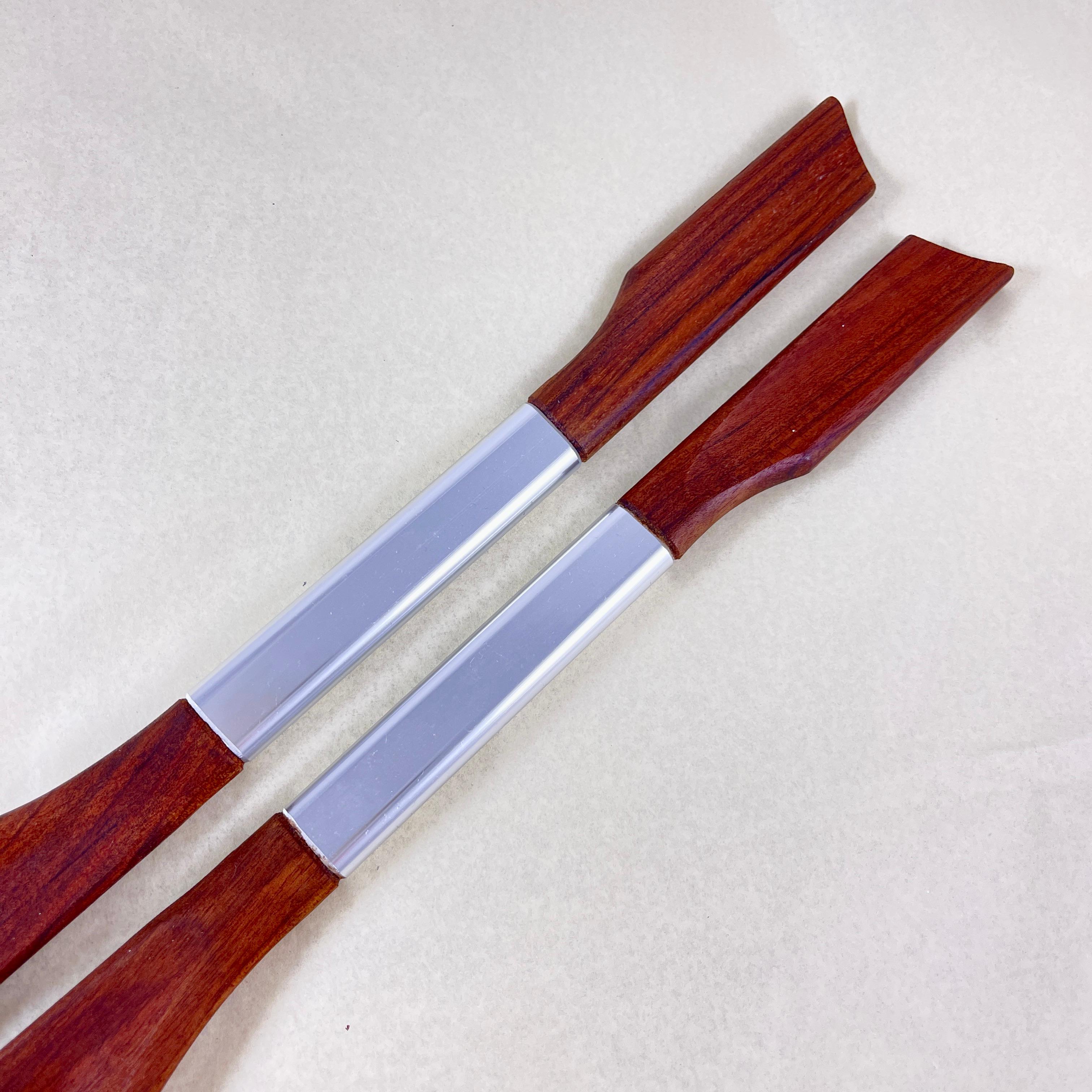 20th Century Danish Modern Teak Wood & Stainless Steel Banded Salad Servers, a Pair For Sale