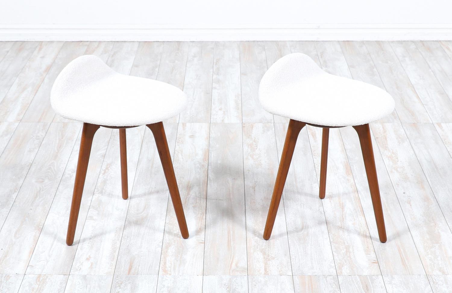 Danish modern teak & wool boucle stools by Erik Buch.

________________________________________

Transforming a piece of Mid-Century Modern furniture is like bringing history back to life, and we take this journey with passion and precision. With