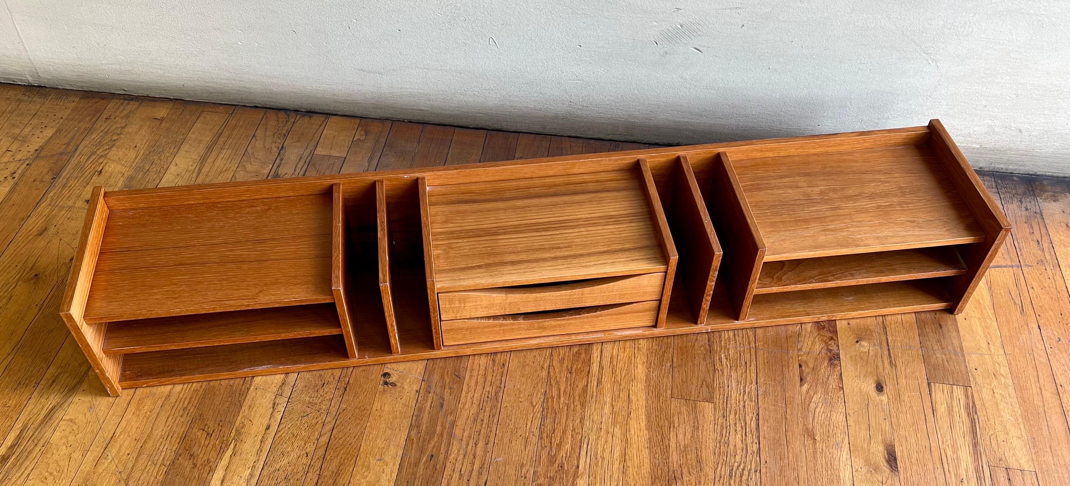 Scandinavian Modern Danish Modern Teak x Long Desk Top Organizer with Double Drawer For Sale