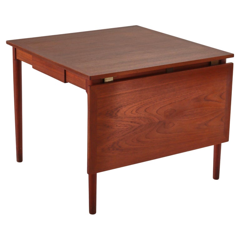 Danish Modern Teakwood and Brass Drop Leaf Table / Desk by Kaj Winding