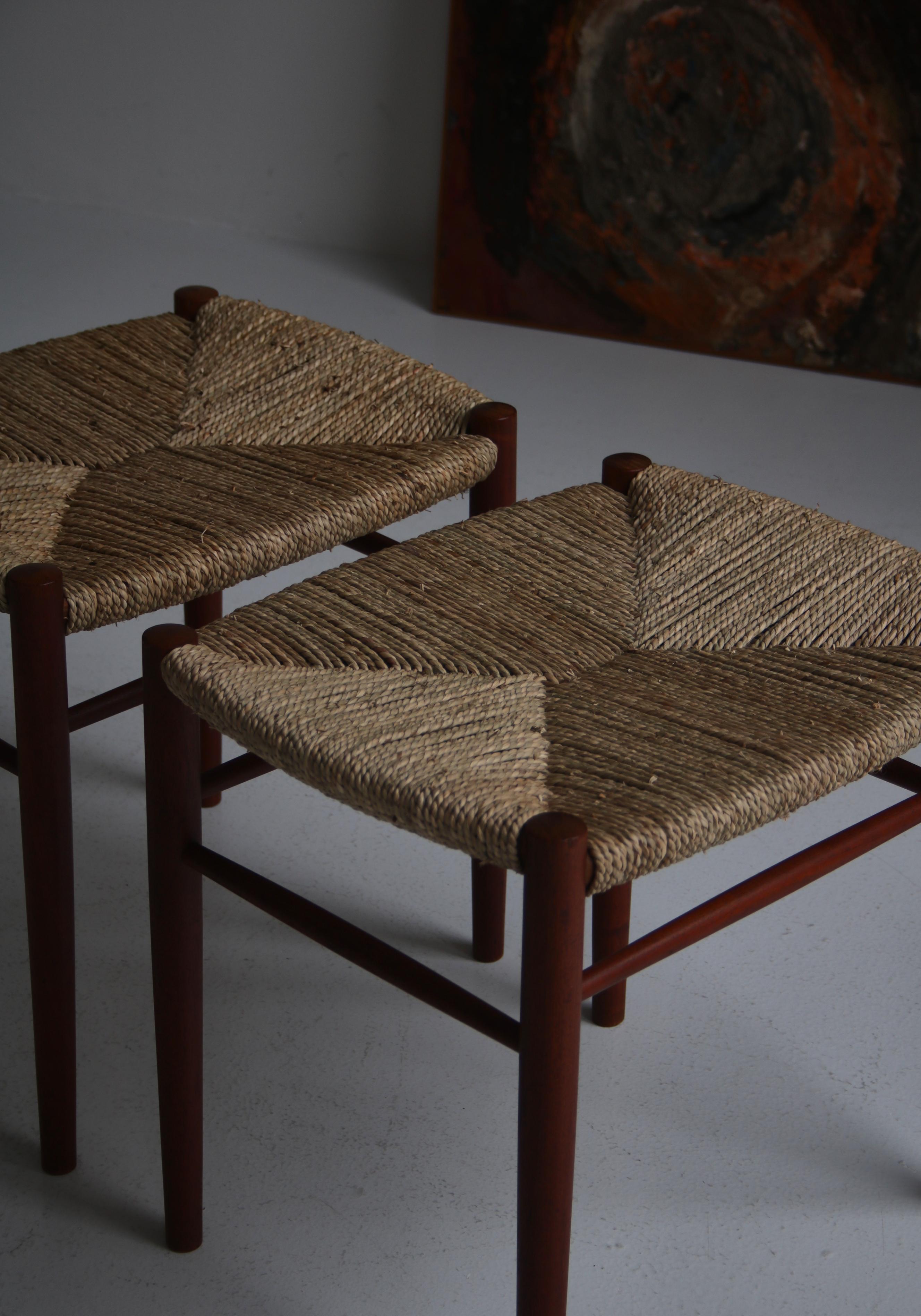 Danish Modern Teakwood / Seagrass Stools by Peter Hvidt & Orla Molgaard, 1950s In Good Condition In Odense, DK