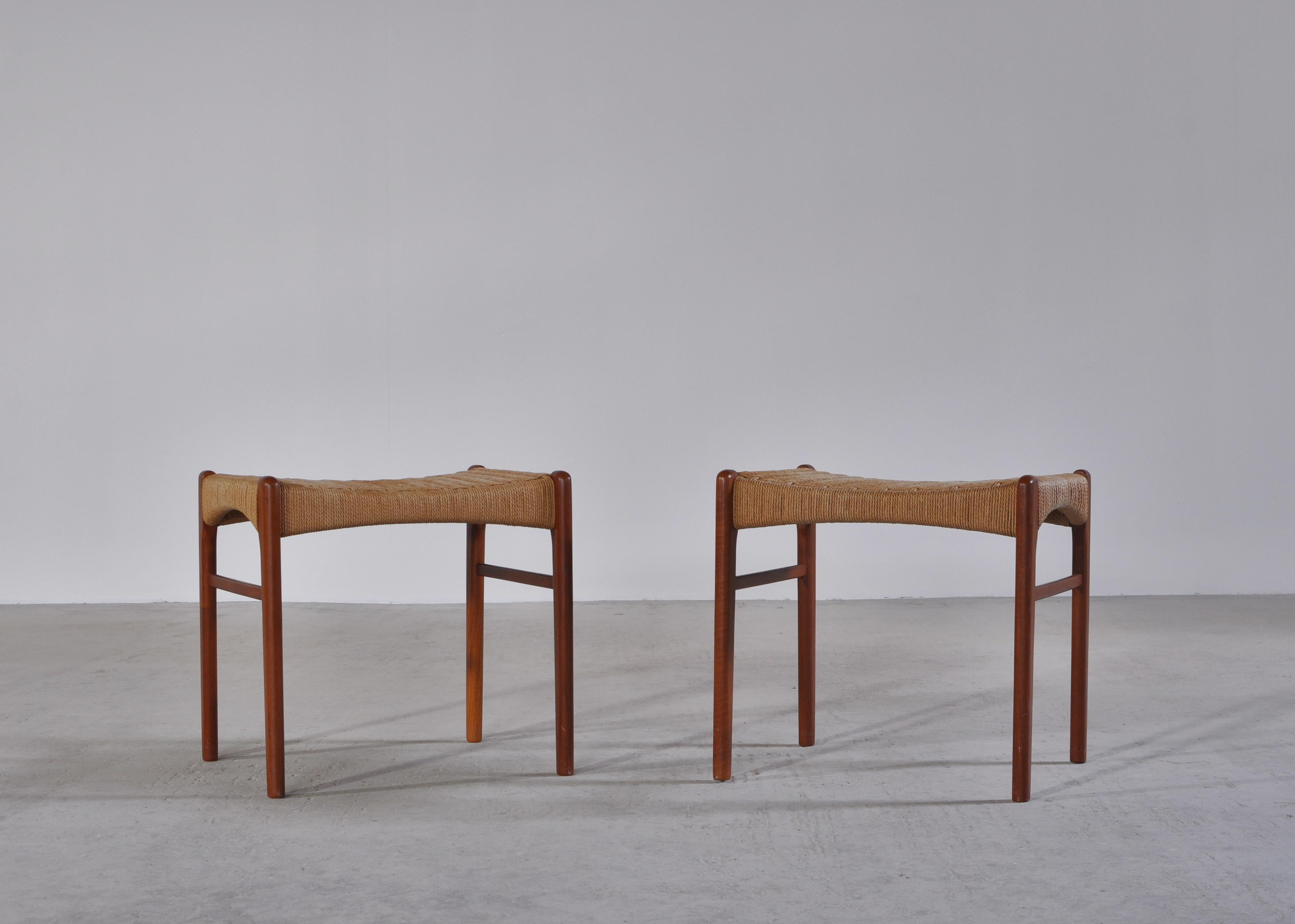 Pair of rare vintage Danish modern stools in teak wood and papercord designed by Arne Wahl Iversen made at 