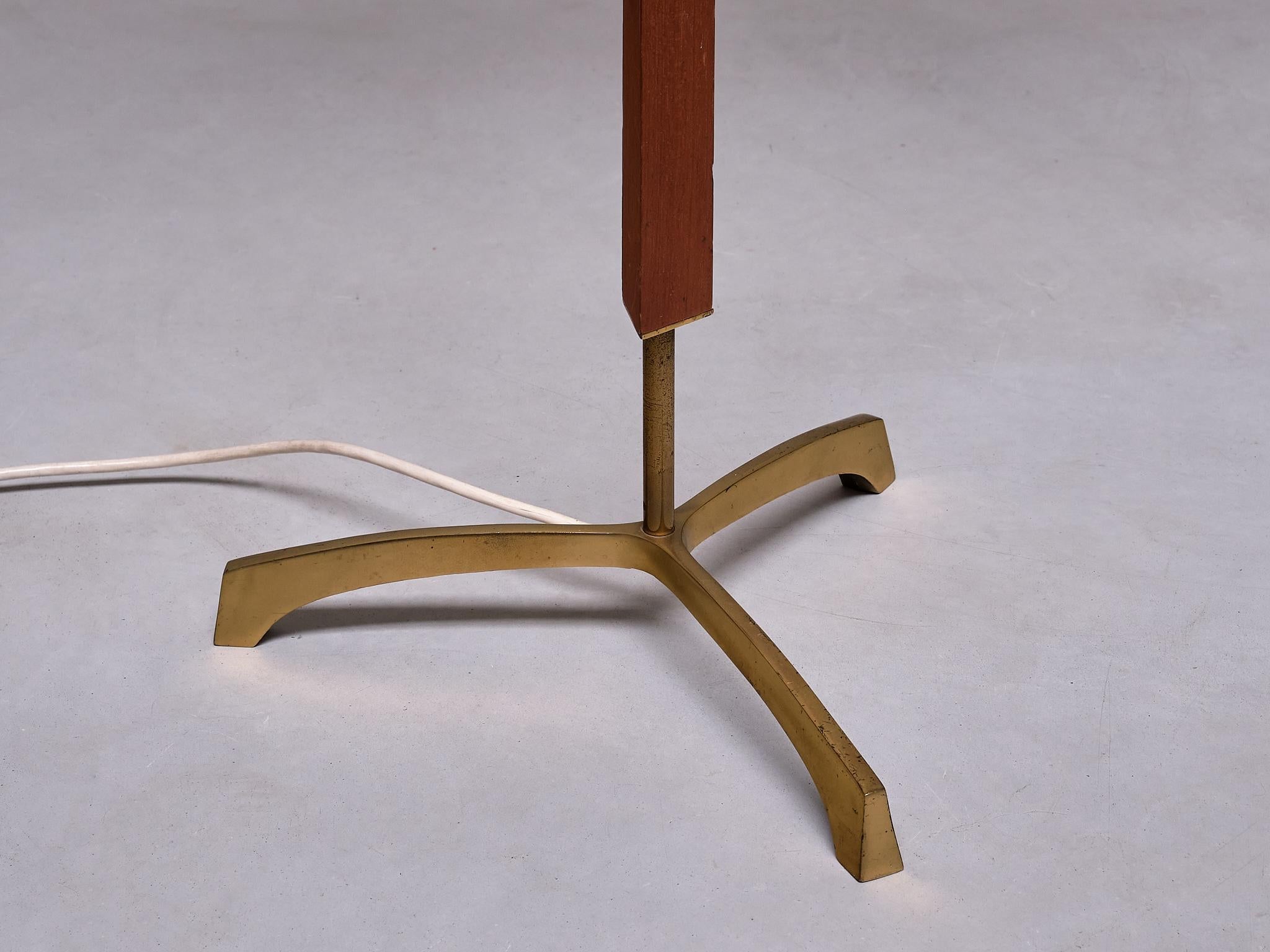 Danish Modern Three Legged Floor Lamp in Brass, Teak and Textured Shade, 1950s 6