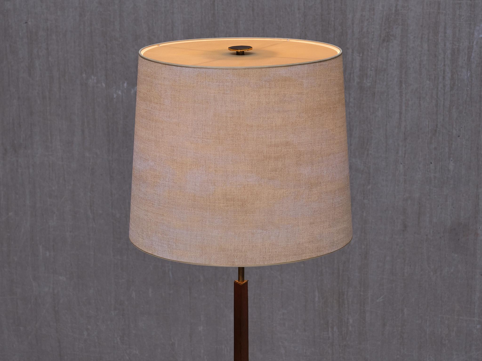 Danish Modern Three Legged Floor Lamp in Brass, Teak and Textured Shade, 1950s 7
