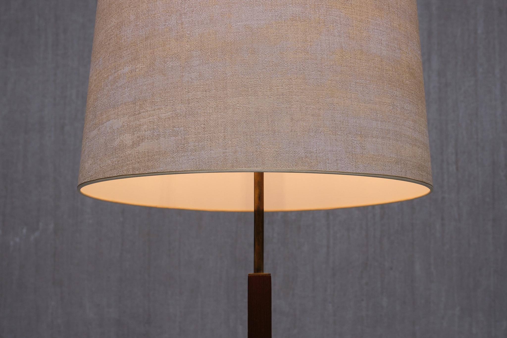 Danish Modern Three Legged Floor Lamp in Brass, Teak and Textured Shade, 1950s 9