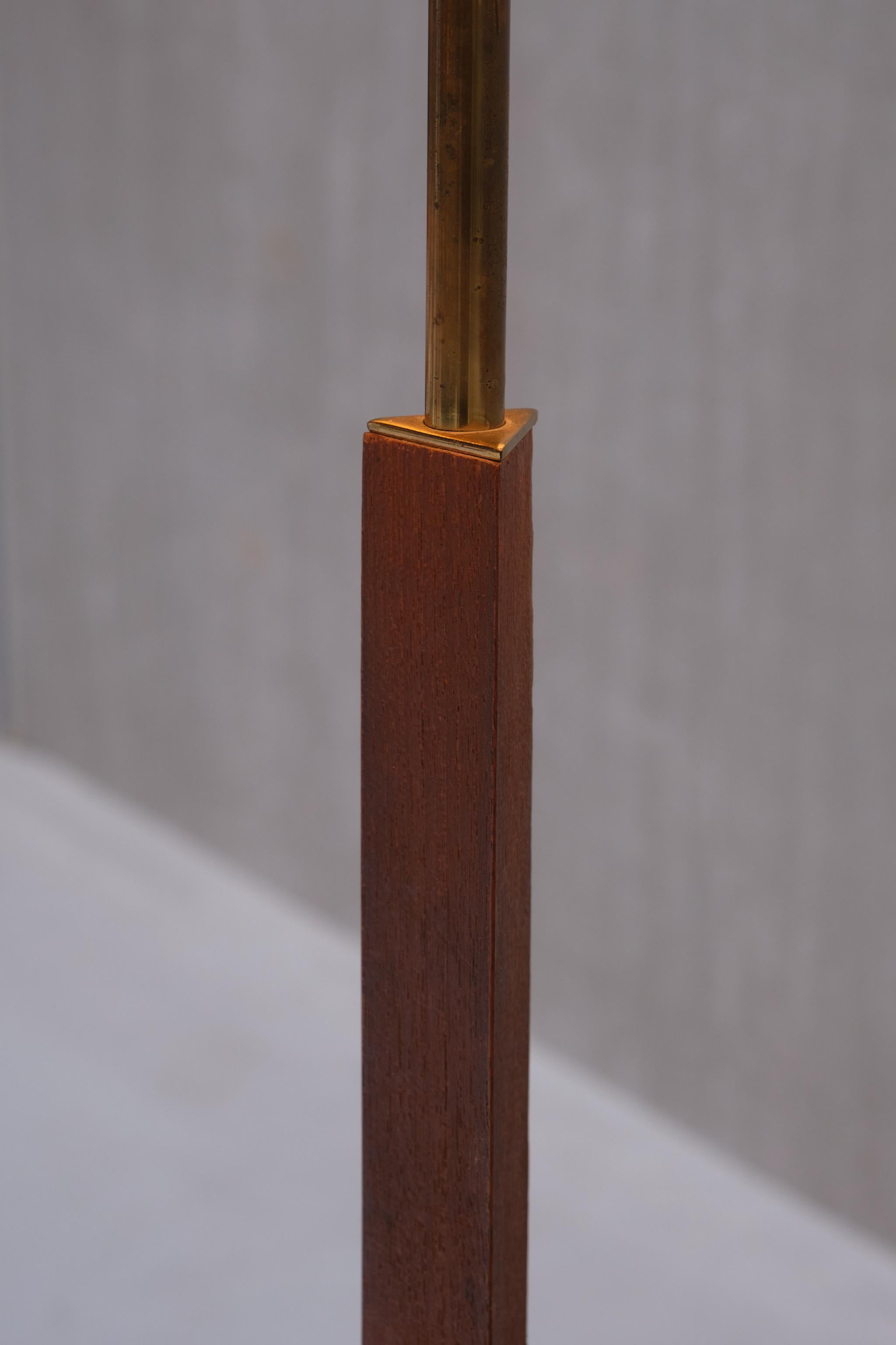 Danish Modern Three Legged Floor Lamp in Brass, Teak and Textured Shade, 1950s 1