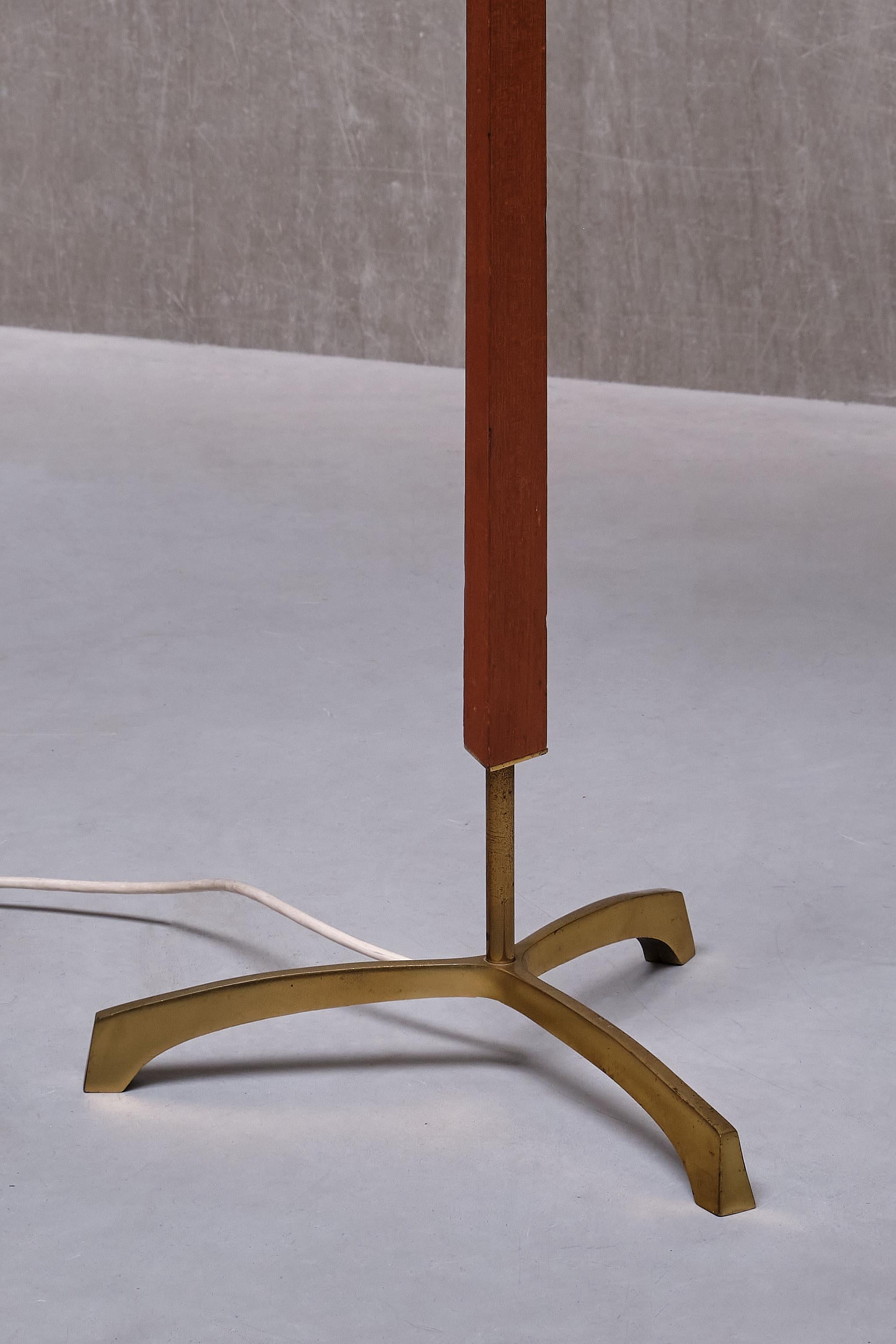 Danish Modern Three Legged Floor Lamp in Brass, Teak and Textured Shade, 1950s 2