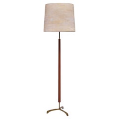 Danish Modern Three Legged Floor Lamp in Brass, Teak and Textured Shade, 1950s