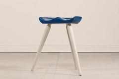 Danish Modern Three-Legged Wooden Milking Stool Blue White, Mogens Lassen Style