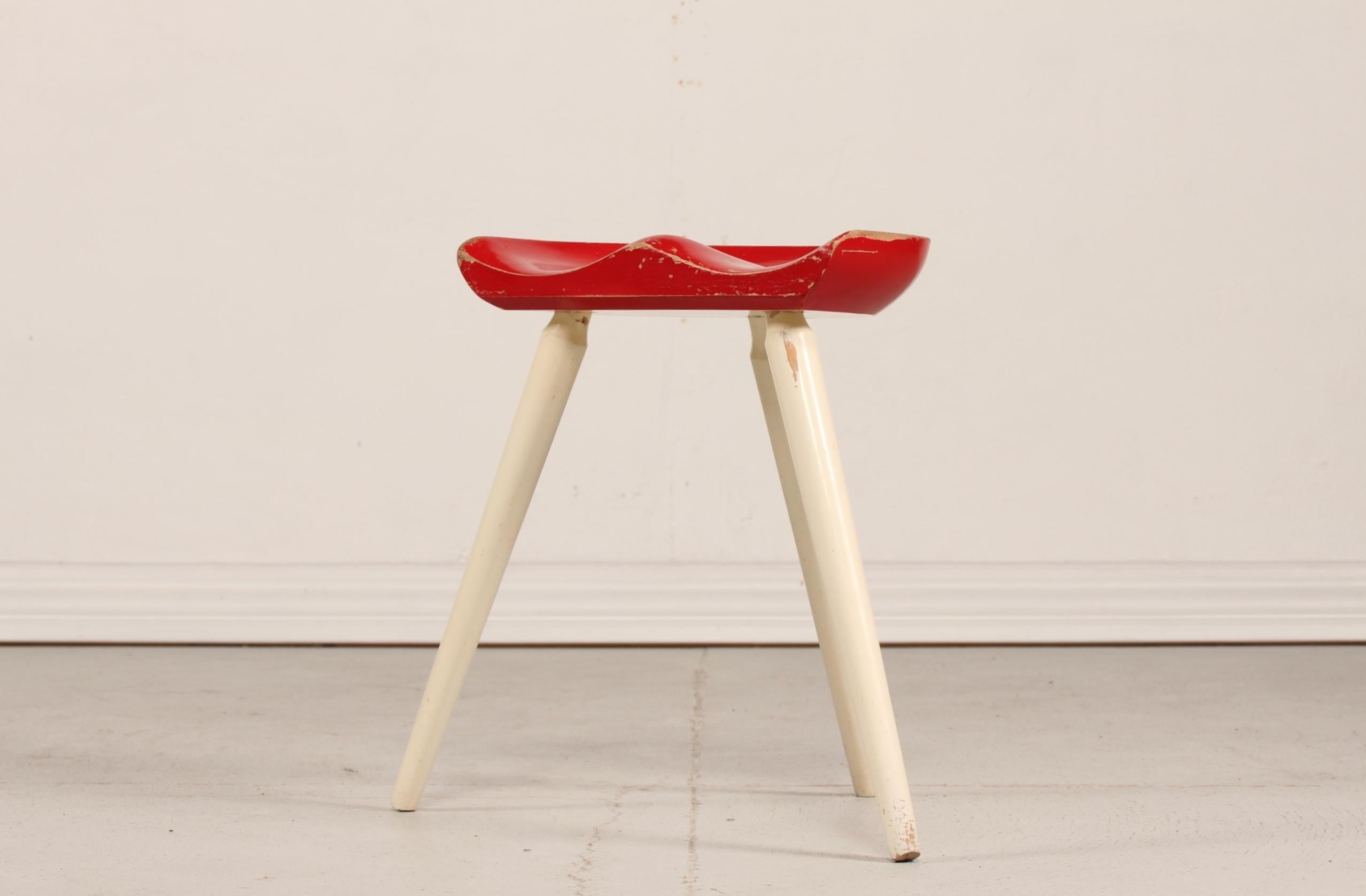 Mid-Century Modern Danish Modern Three-Legged Wooden Milking Stool Red & White, Mogens Lassen Style For Sale