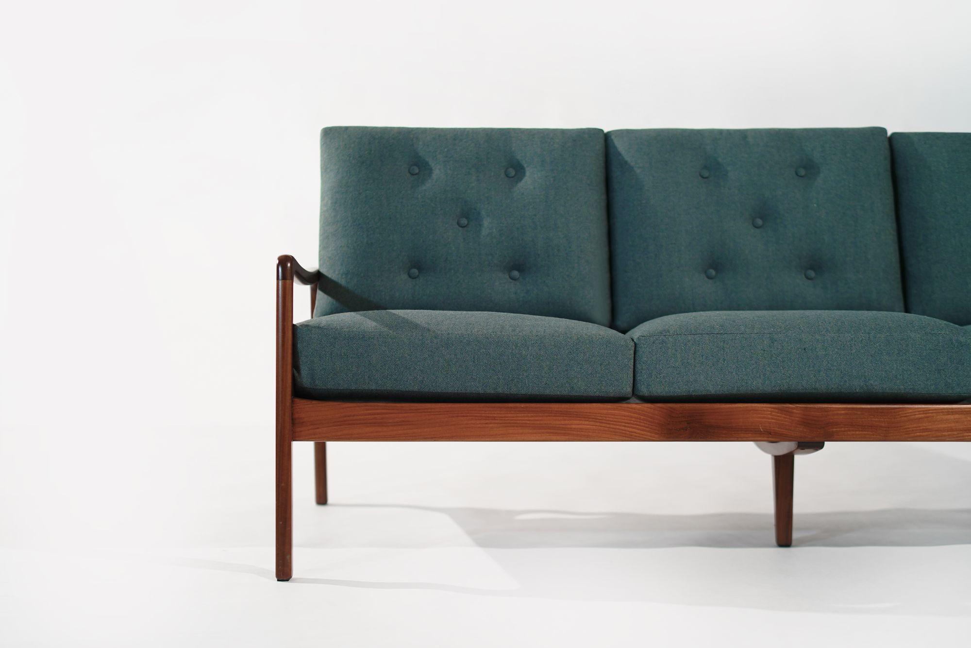 Linen Danish Modern Three-Seat Sofa, C. 1960s For Sale