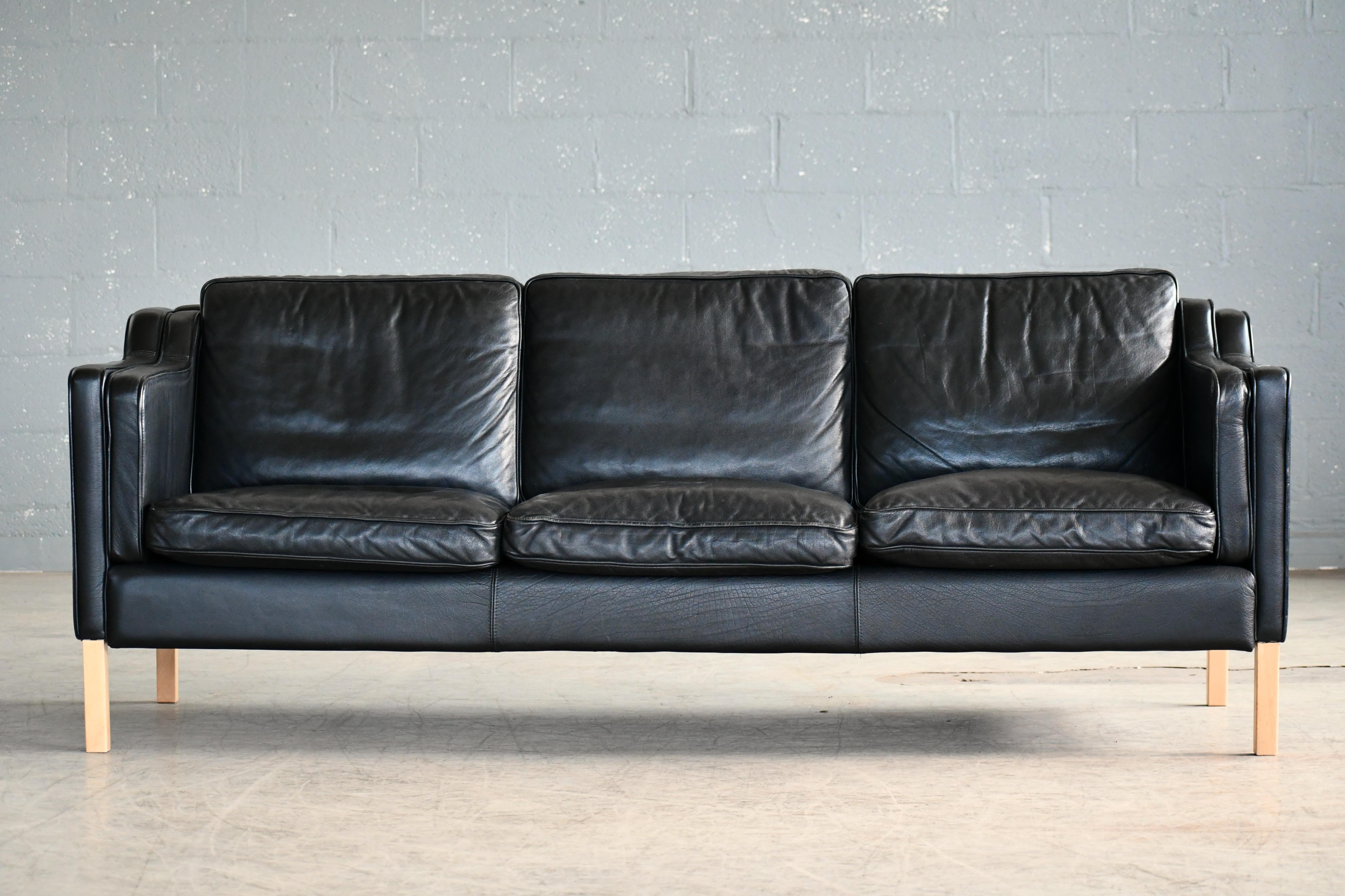 Mid-Century Modern Danish Modern Three-Seat Sofa in Black Leather by Stouby in Børge Mogensen Style