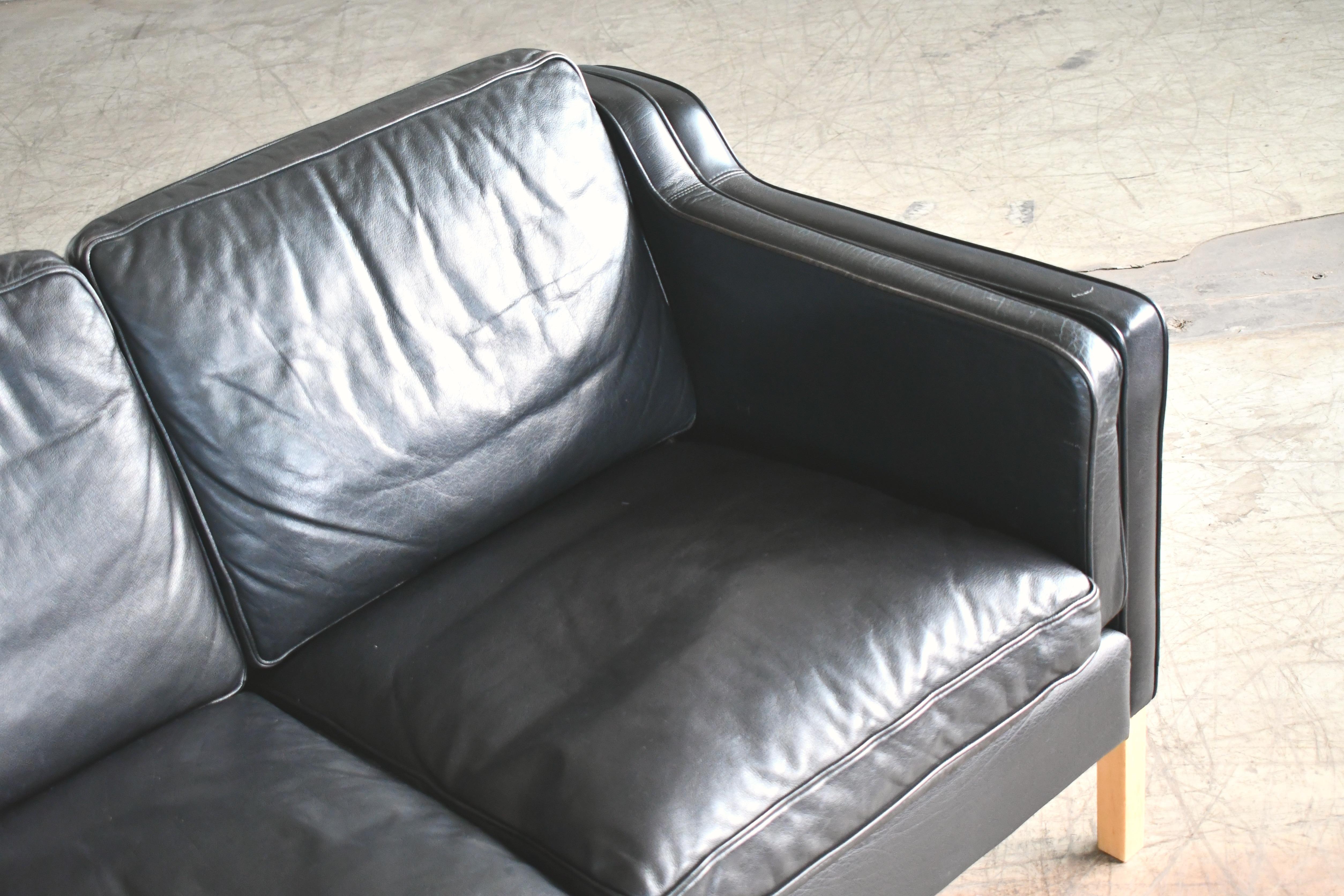 Mid-20th Century Danish Modern Three-Seat Sofa in Black Leather by Stouby in Børge Mogensen Style
