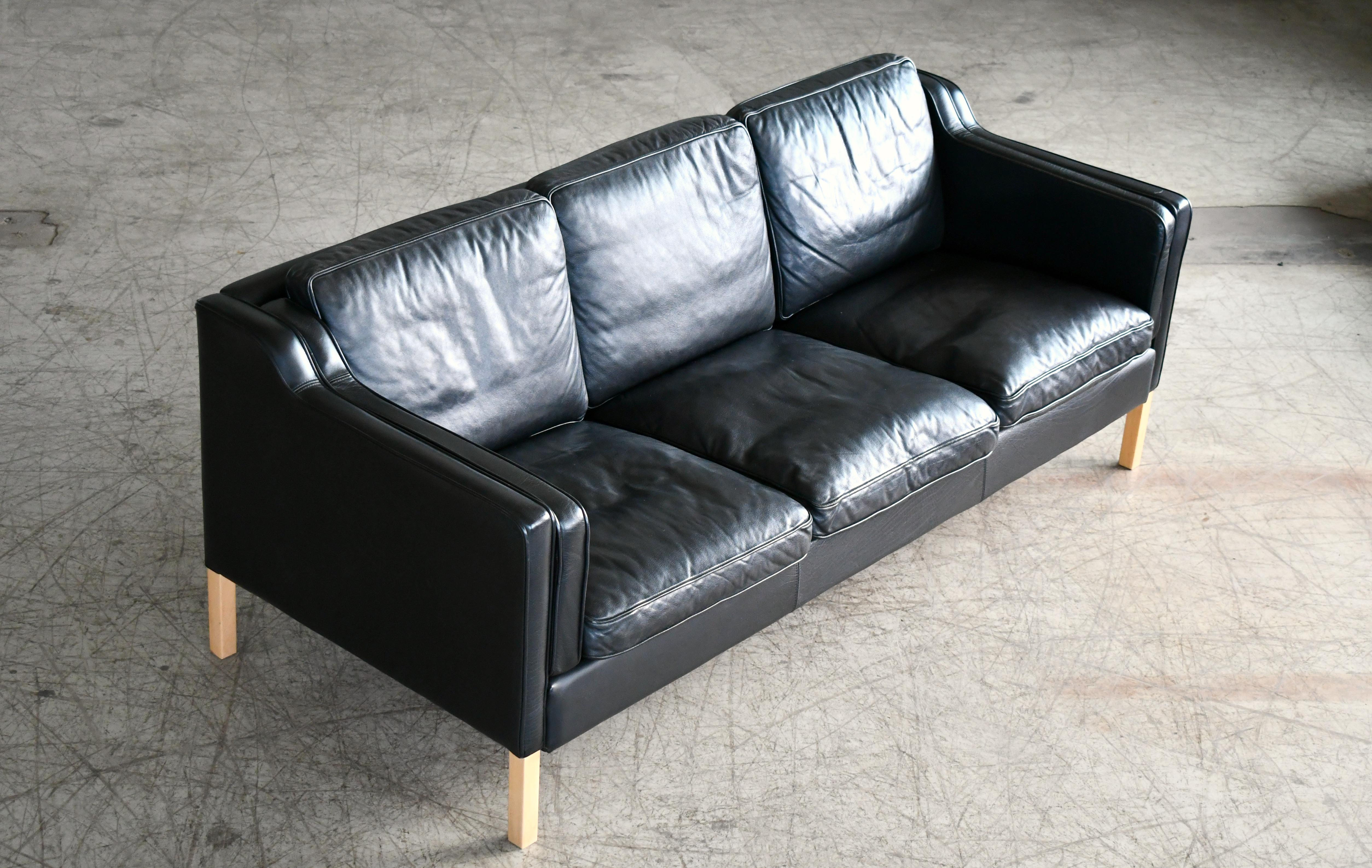 Danish Modern Three-Seat Sofa in Black Leather by Stouby in Børge Mogensen Style 1