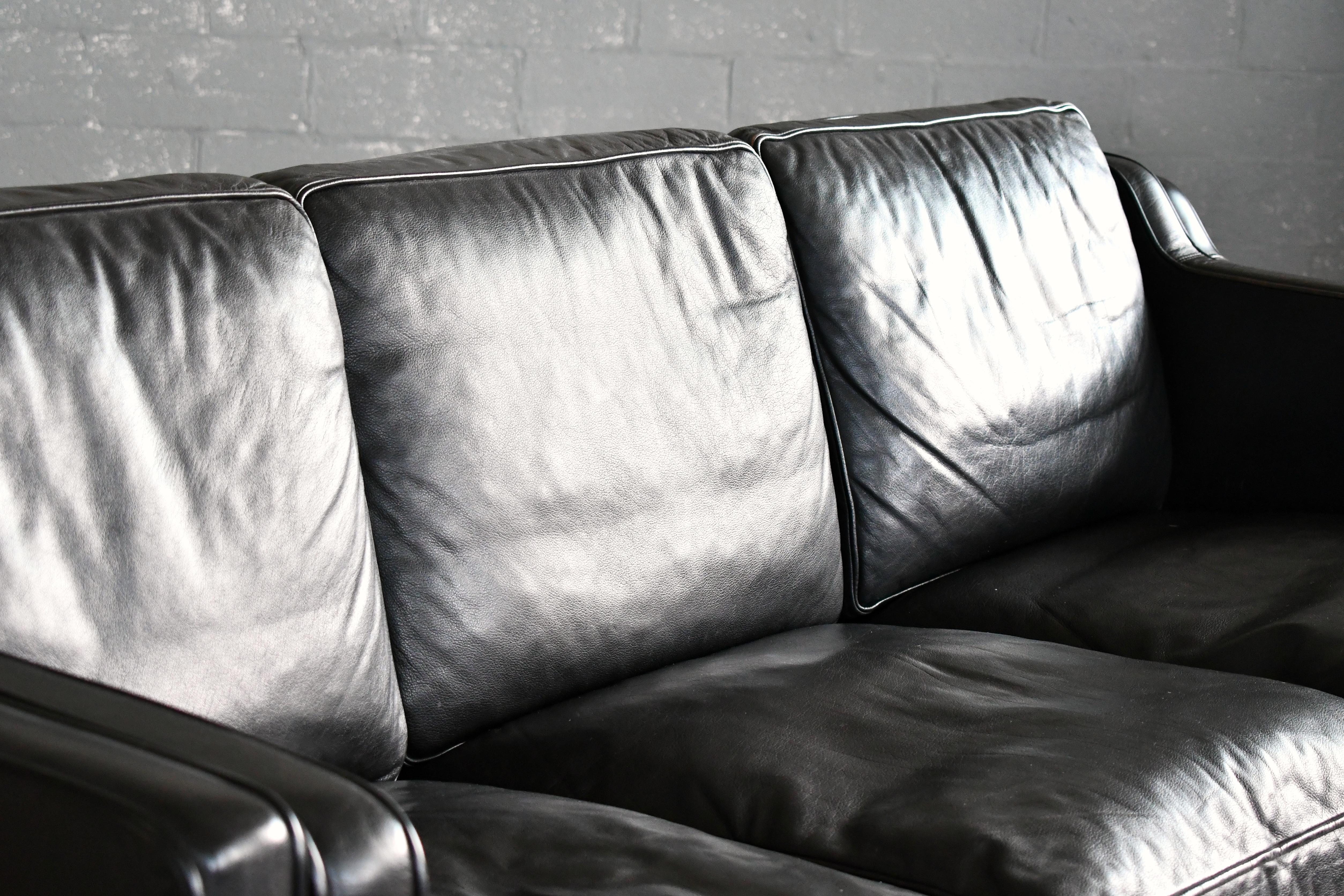 Danish Modern Three-Seat Sofa in Black Leather by Stouby in Børge Mogensen Style 2