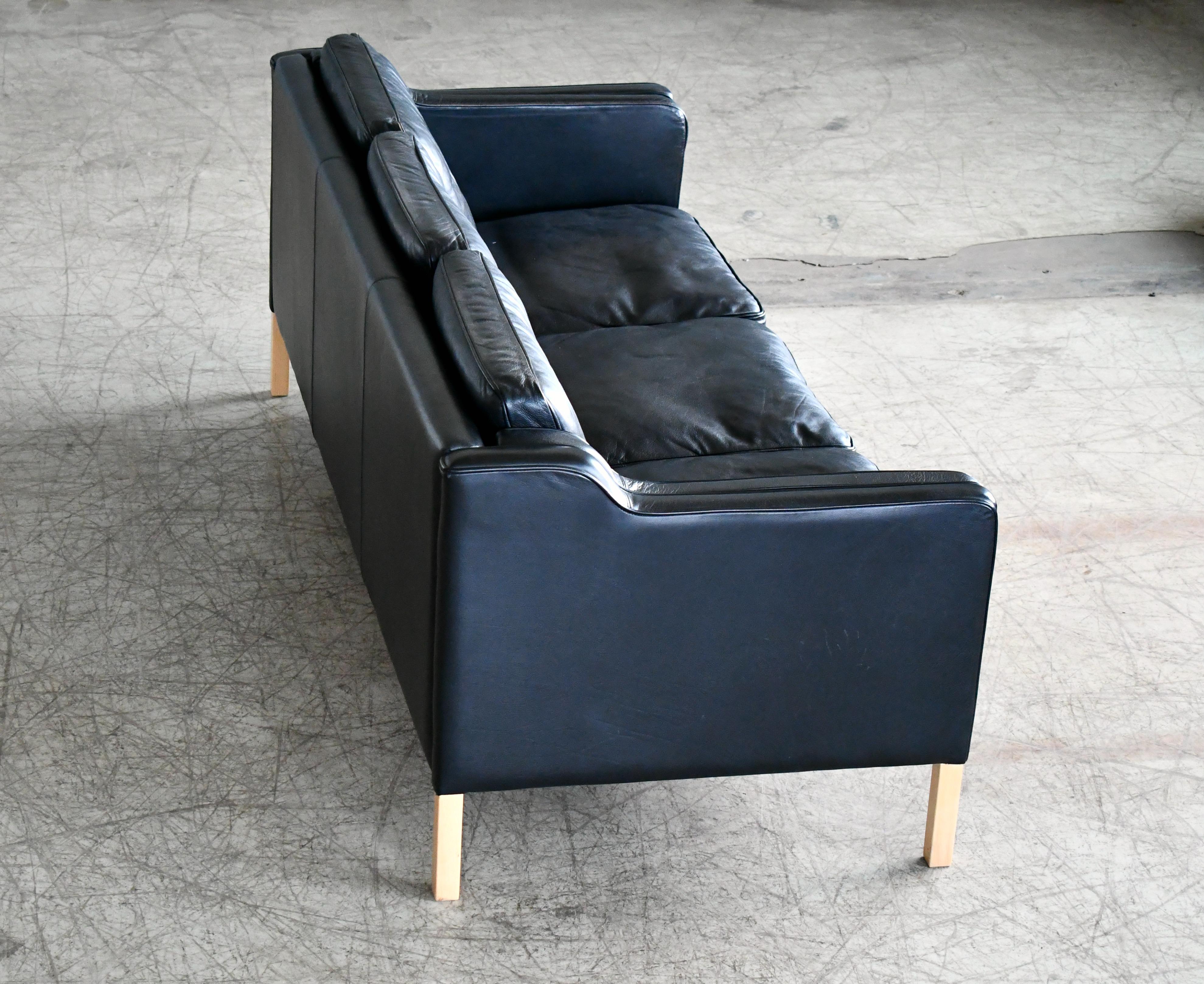 Danish Modern Three-Seat Sofa in Black Leather by Stouby in Børge Mogensen Style 4