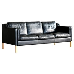 Danish Modern Three-Seat Sofa in Black Leather by Stouby in Børge Mogensen Style