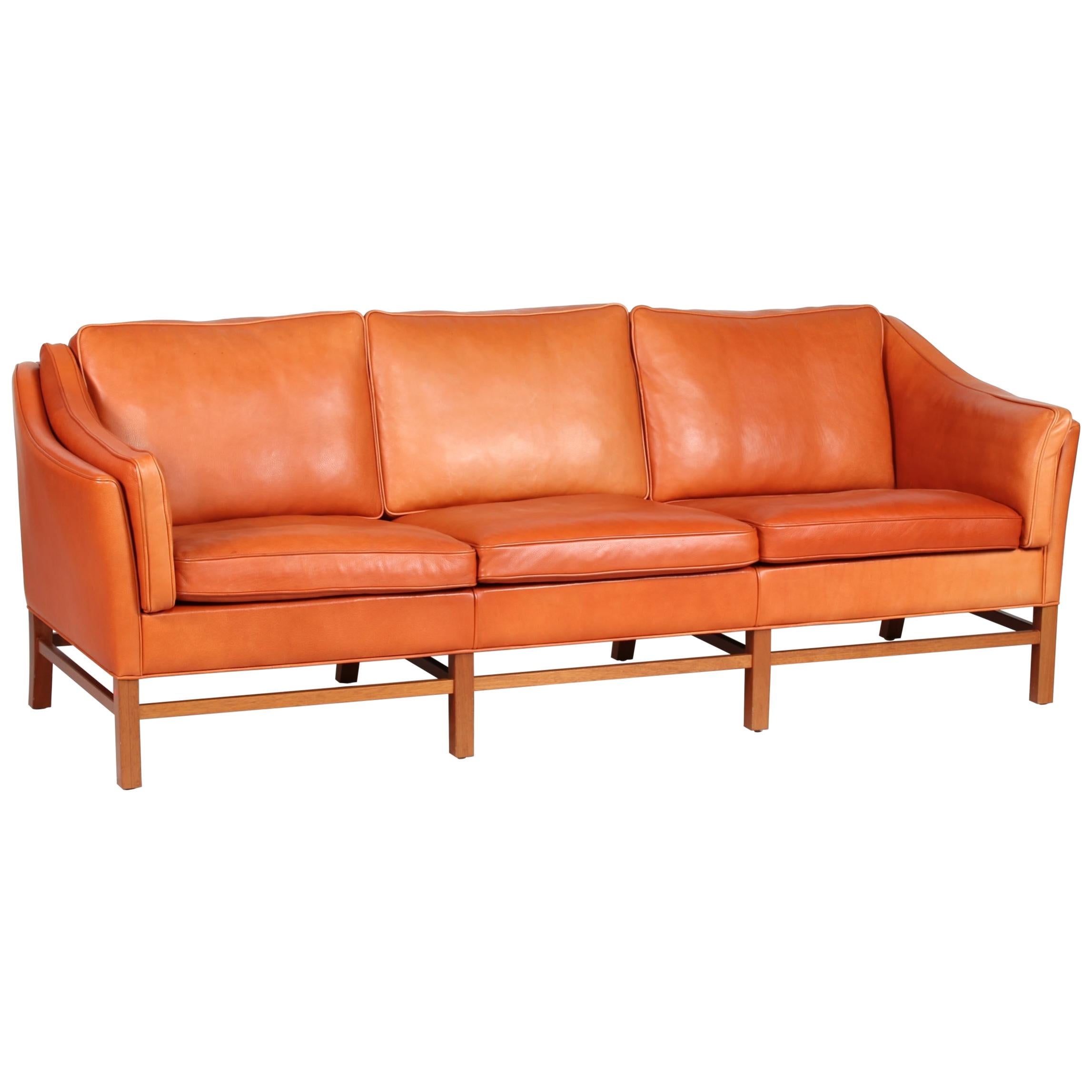 Danish Modern 3-Seat Sofa by Grant Furniture with Cognac-Colored Leather 1980s