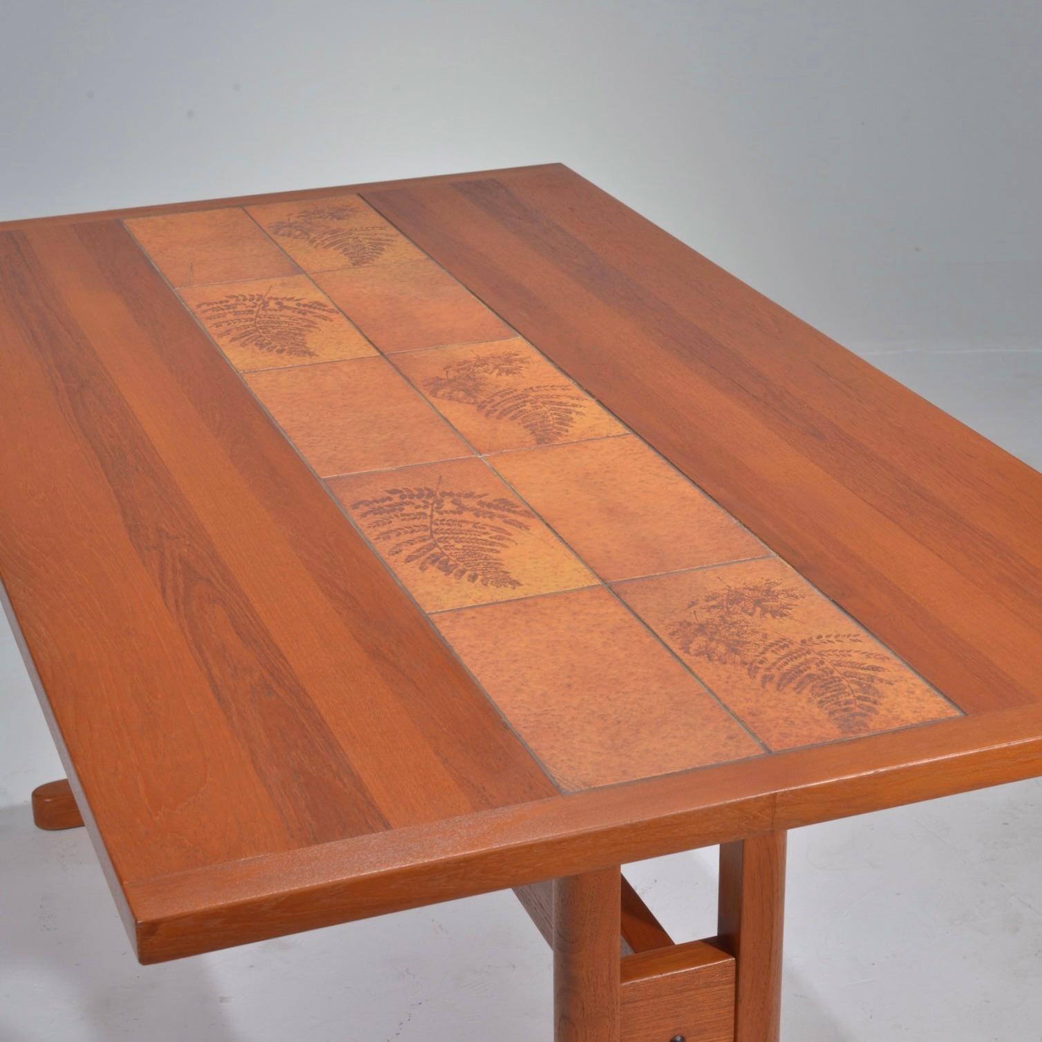 Danish Modern Tile Inlay Teak Desk or Dining Table In Good Condition For Sale In Los Angeles, CA