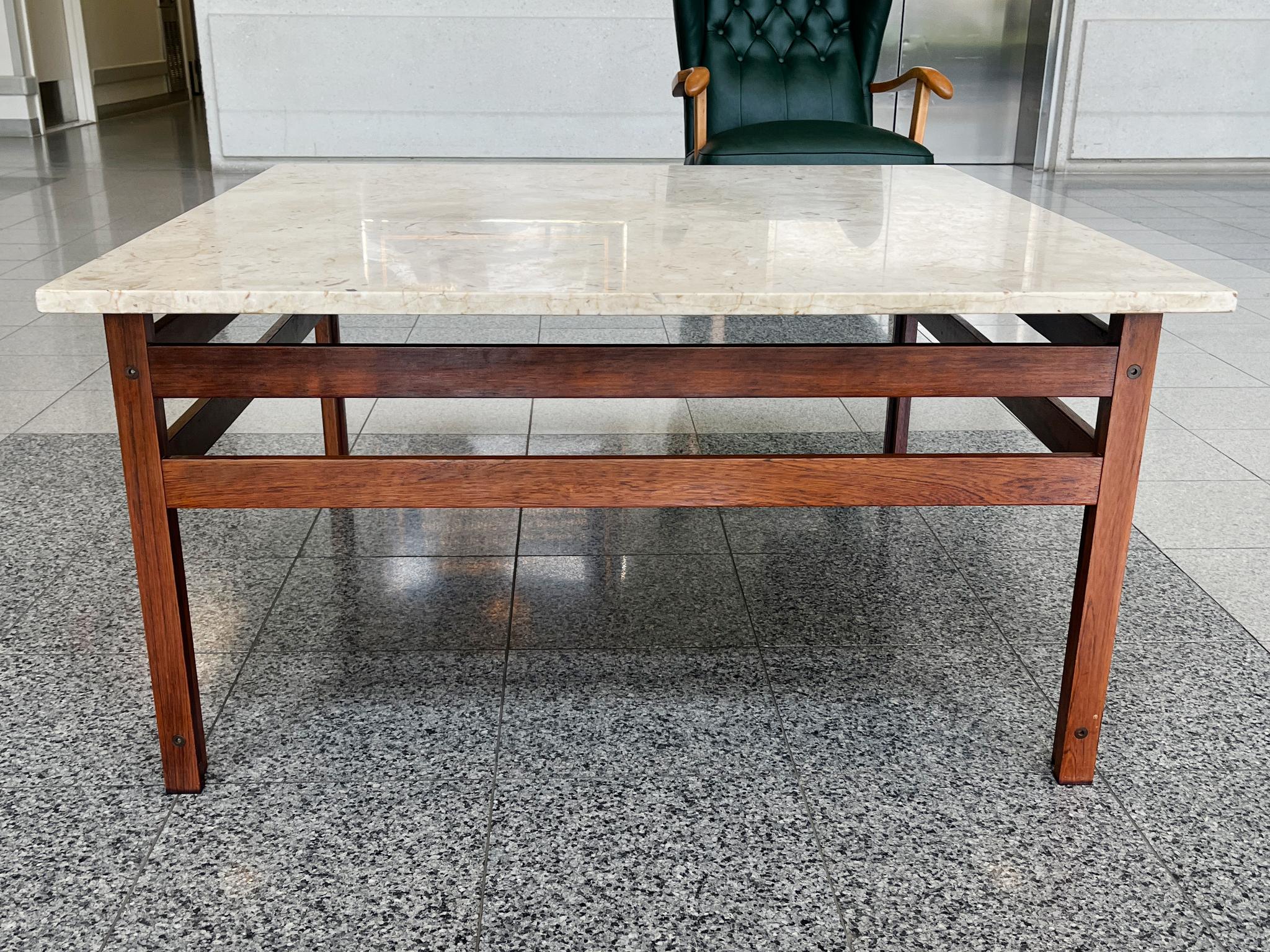 Hand-Crafted Danish Modern Travertine Top & Rosewood Coffee Table For Sale