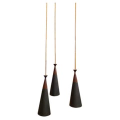 Vintage Danish Modern Tri-pendant In Teak + Matte Black