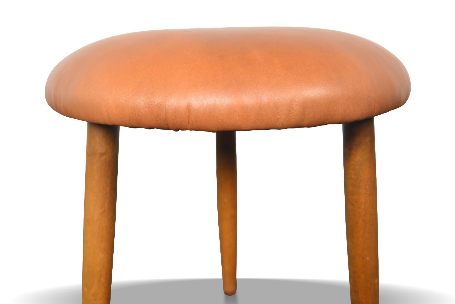 Origin: Denmark
Designer: Unknown
Manufacturer: Unknown
Era: 1960s
Materials: Leather, Teak
Measurements: 15.5″ wide x 15.5″ tall
CONDITION: Newly upholstered in cognac leather.  In excellent condition.