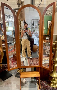 Danish Modern Triptych Teak Floor Full Length Mirror Opens Closes with Footstool