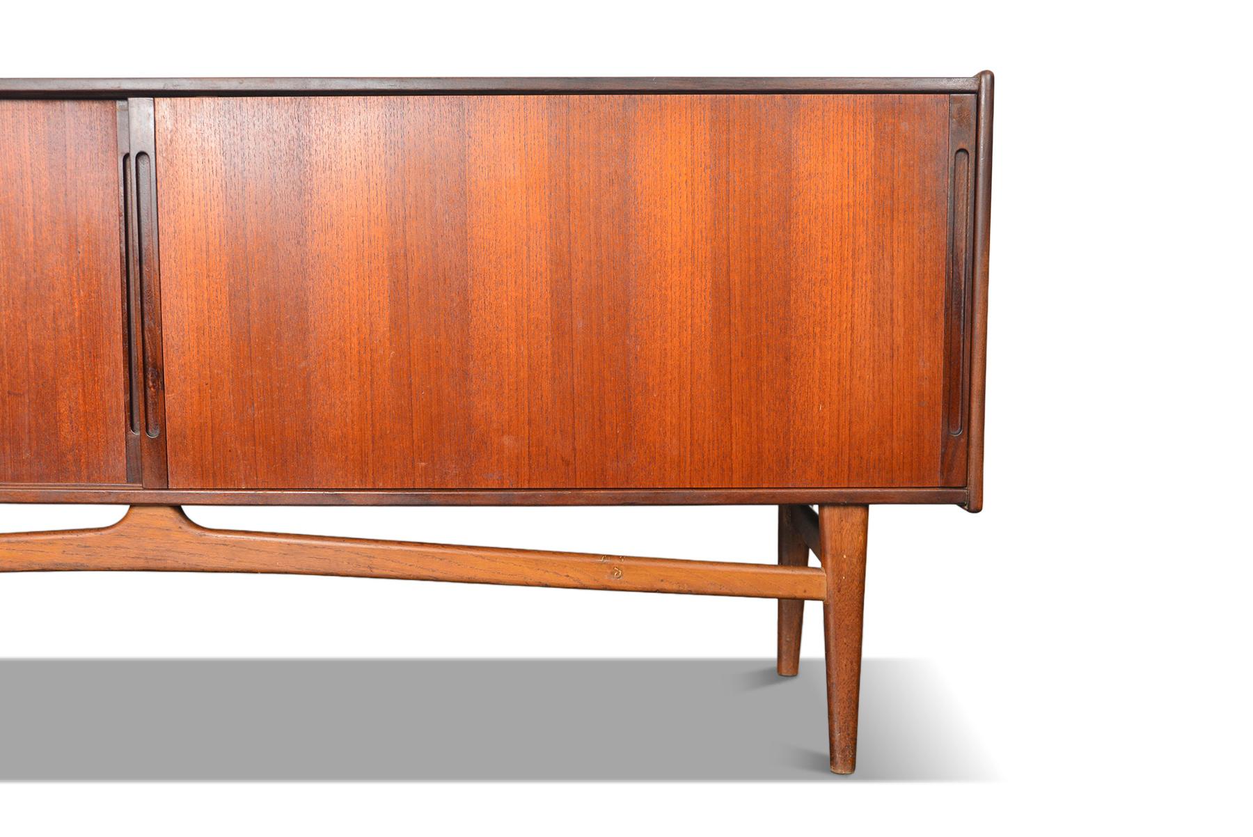 Teak Danish Modern Two Door Sliding Credenza With Floating Oak Base For Sale