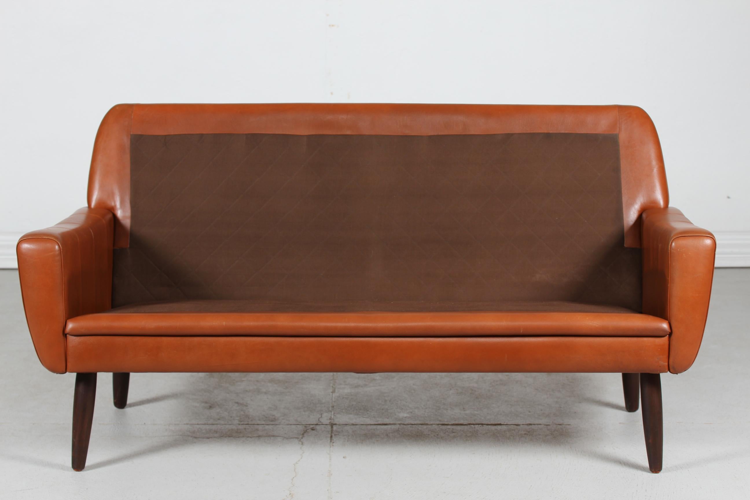 Danish Modern Two-Seat Sofa with Cognac-Colored Leather Made in Denmark 1960s For Sale 5