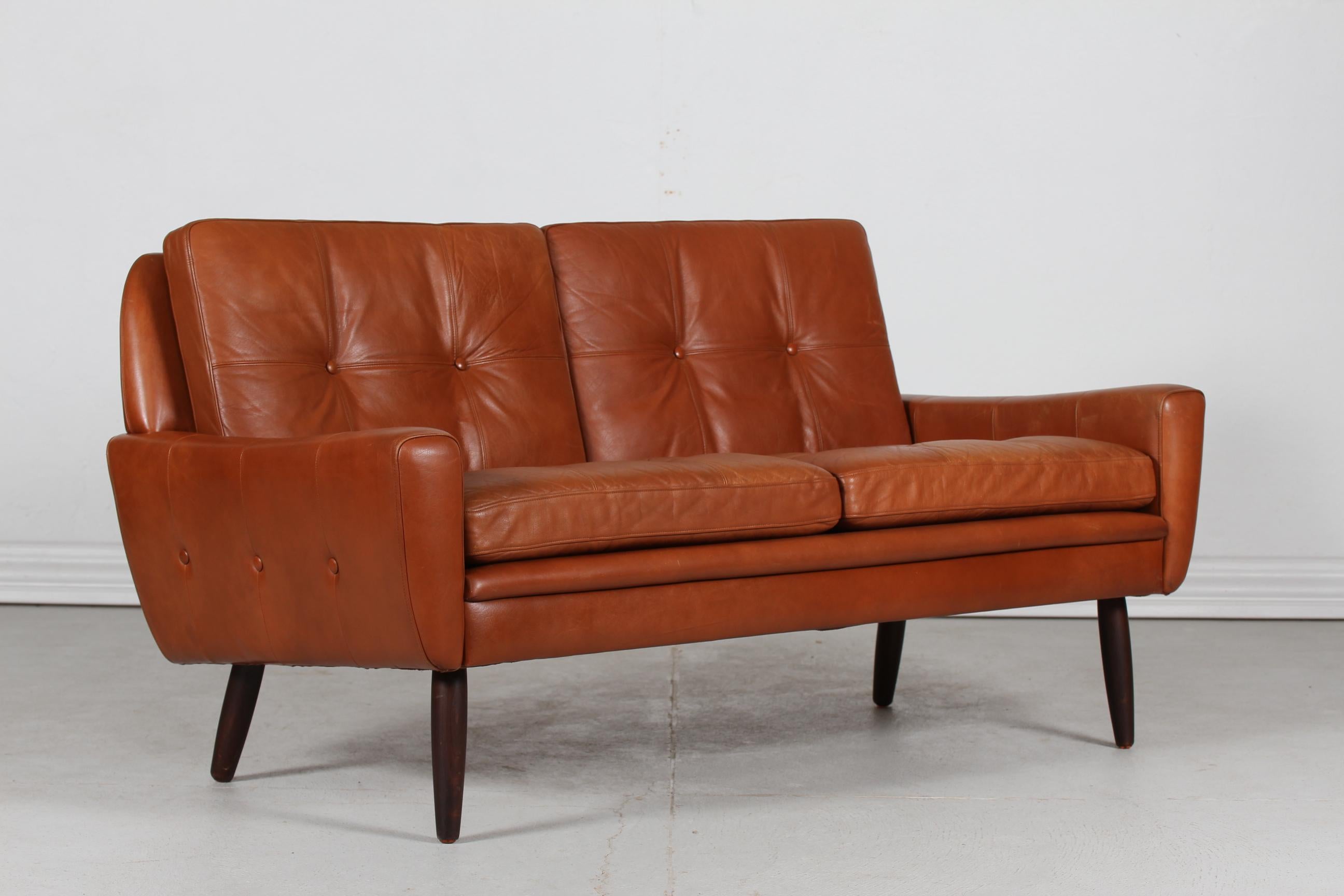 Mid-Century Modern Danish Modern Two-Seat Sofa with Cognac-Colored Leather Made in Denmark 1960s For Sale